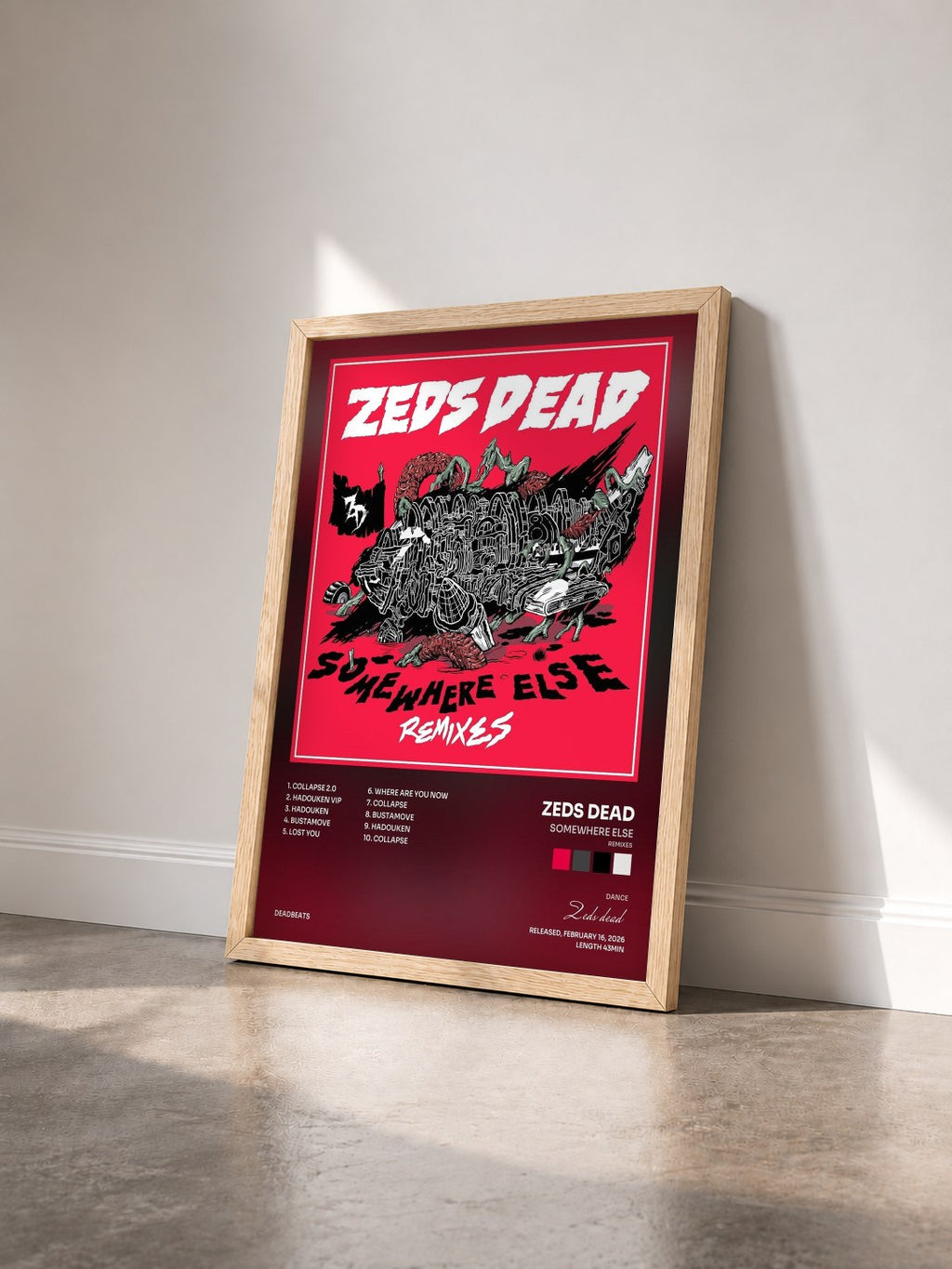 #bois Tableau de l'album Somewhere Else (Remixes) de Zeds dead vu de trois quarts, cadre en bois brut