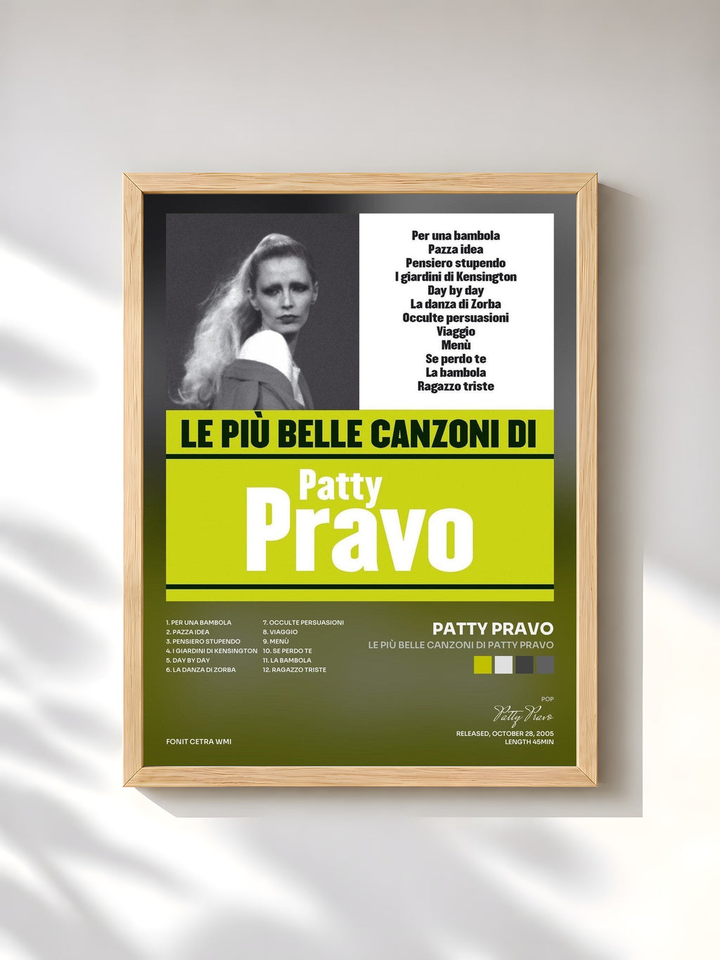 #bois Tableau de l'album Le più belle canzoni di Patty Pravo de Patty Pravo, cadre en bois brut, imprimé et encadré en France