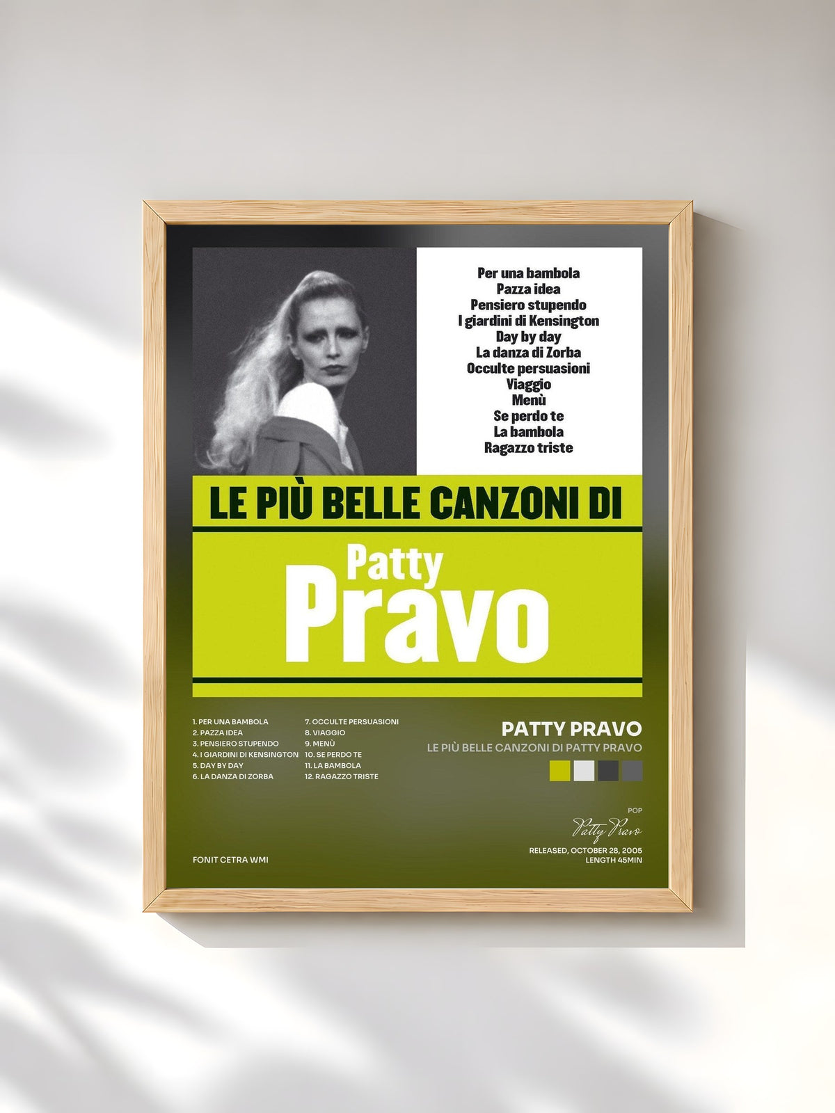 #bois Tableau de l'album Le più belle canzoni di Patty Pravo de Patty Pravo, cadre en bois brut, imprimé et encadré en France