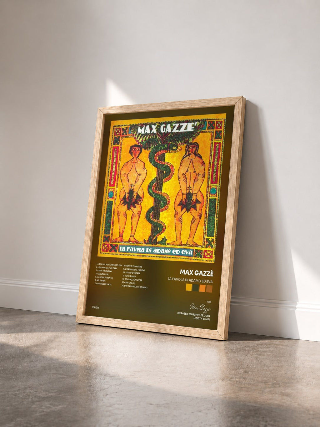 #bois Tableau de l'album La Favola Di Adamo Ed Eva de Max Gazzè vu de trois quarts, cadre en bois brut