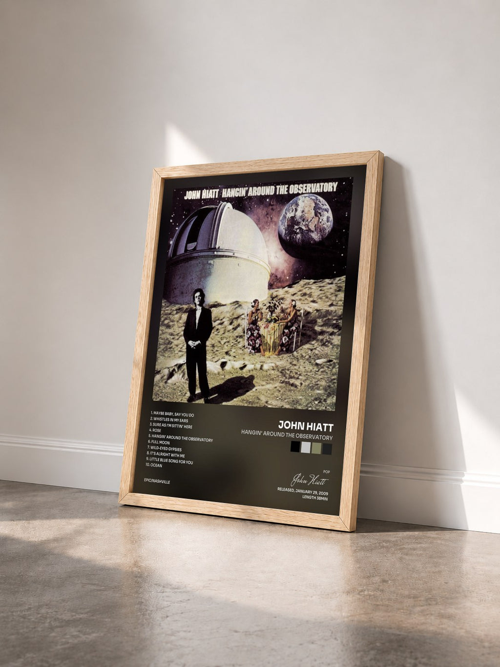 #bois Tableau de l'album Hangin' Around The Observatory de John Hiatt vu de trois quarts, cadre en bois brut