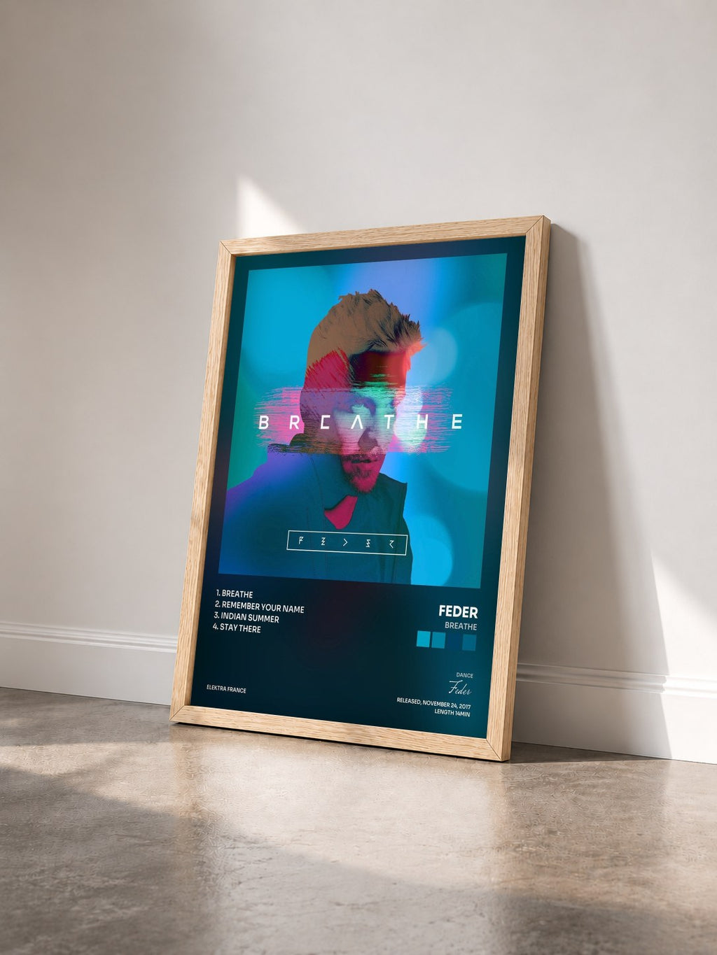 #bois Tableau de l'album Breathe de Feder vu de trois quarts, cadre en bois brut