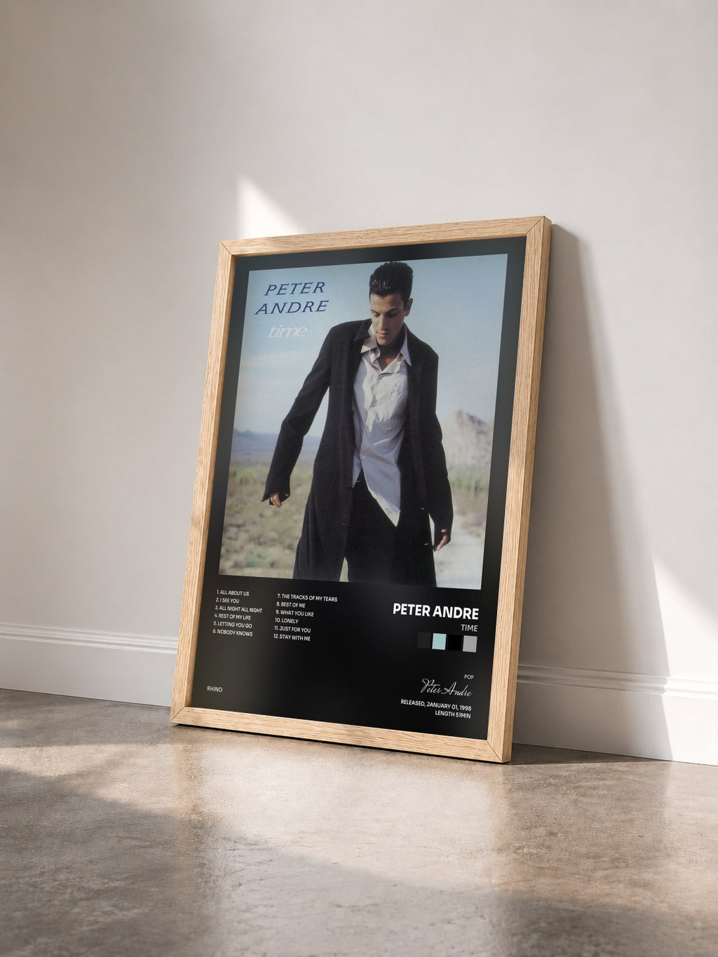 #bois Tableau de l'album Time de Peter Andre vu de trois quarts, cadre en bois brut