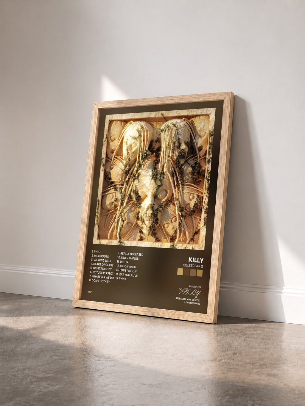 #bois Tableau de l'album KILLSTREAK 2 de KILLY vu de trois quarts, cadre en bois brut