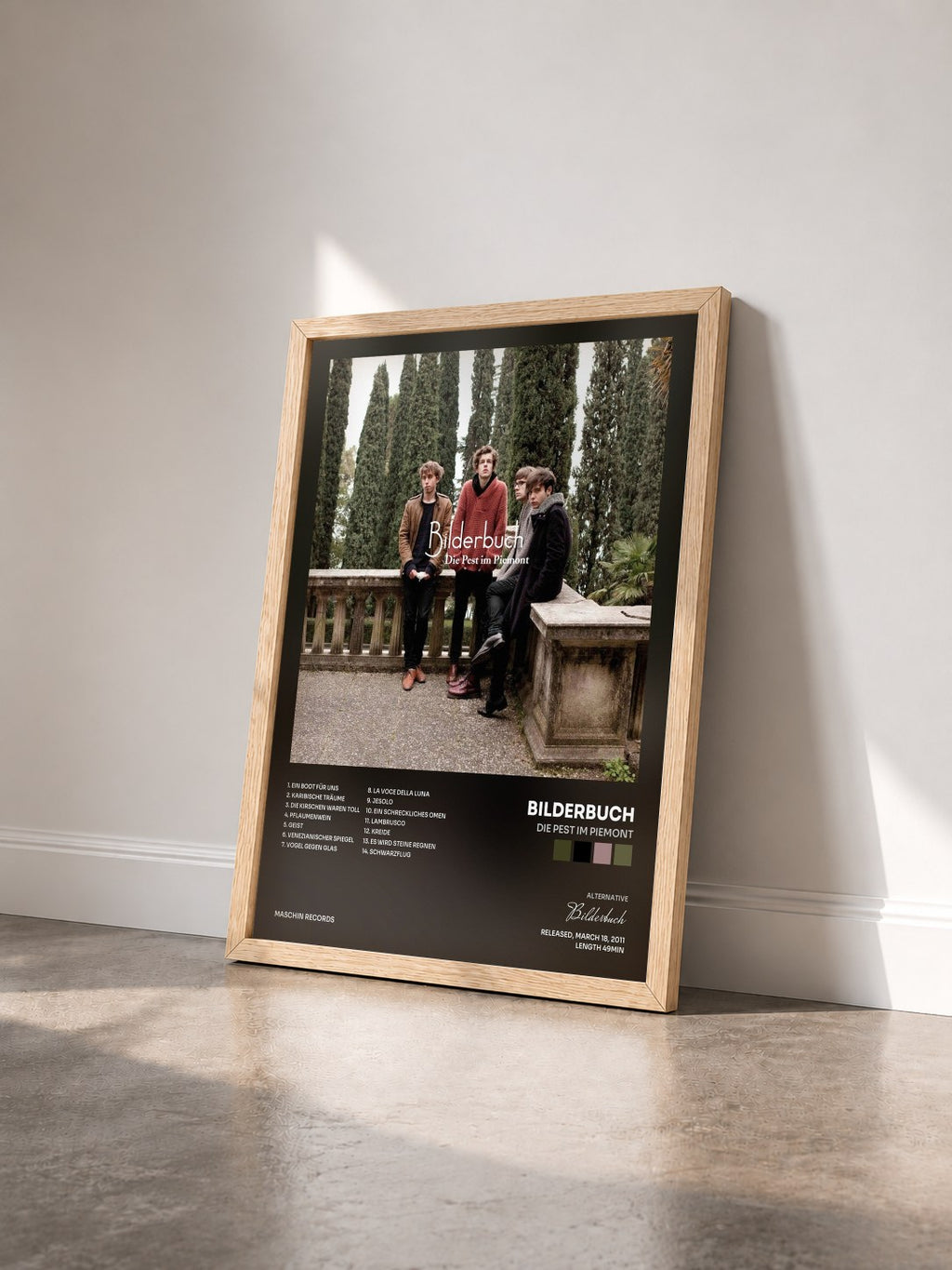 #bois Tableau de l'album Die Pest im Piemont de Bilderbuch vu de trois quarts, cadre en bois brut