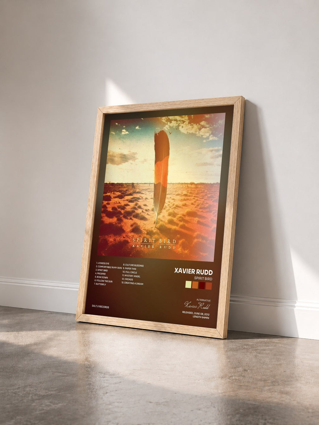 #bois Tableau de l'album Spirit Bird de Xavier Rudd vu de trois quarts, cadre en bois brut