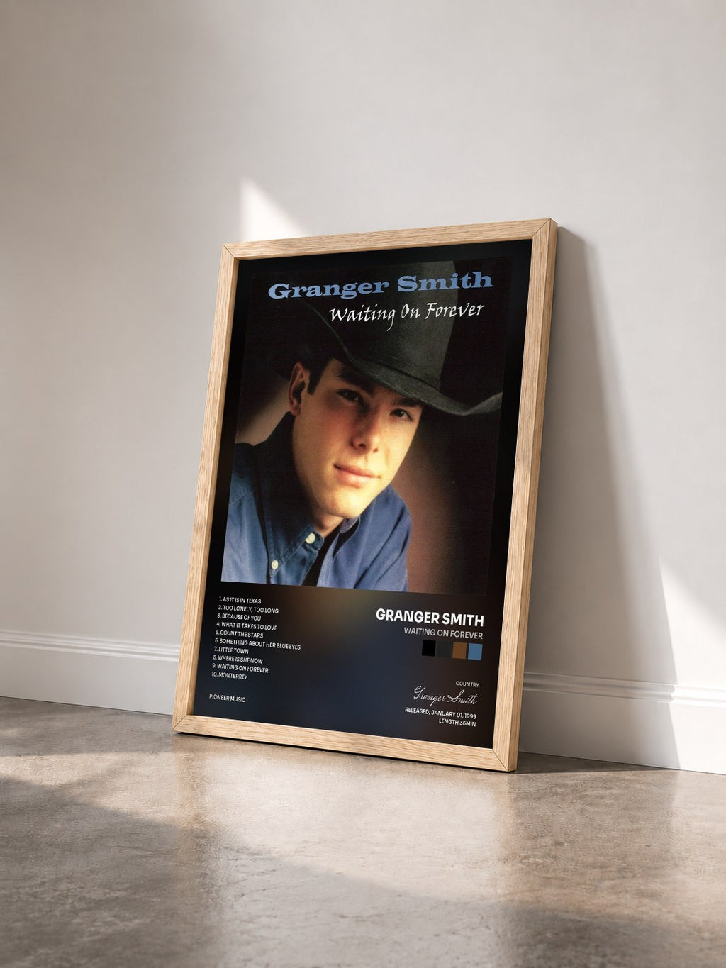 #bois Tableau de l'album Waiting on Forever de Granger Smith vu de trois quarts, cadre en bois brut