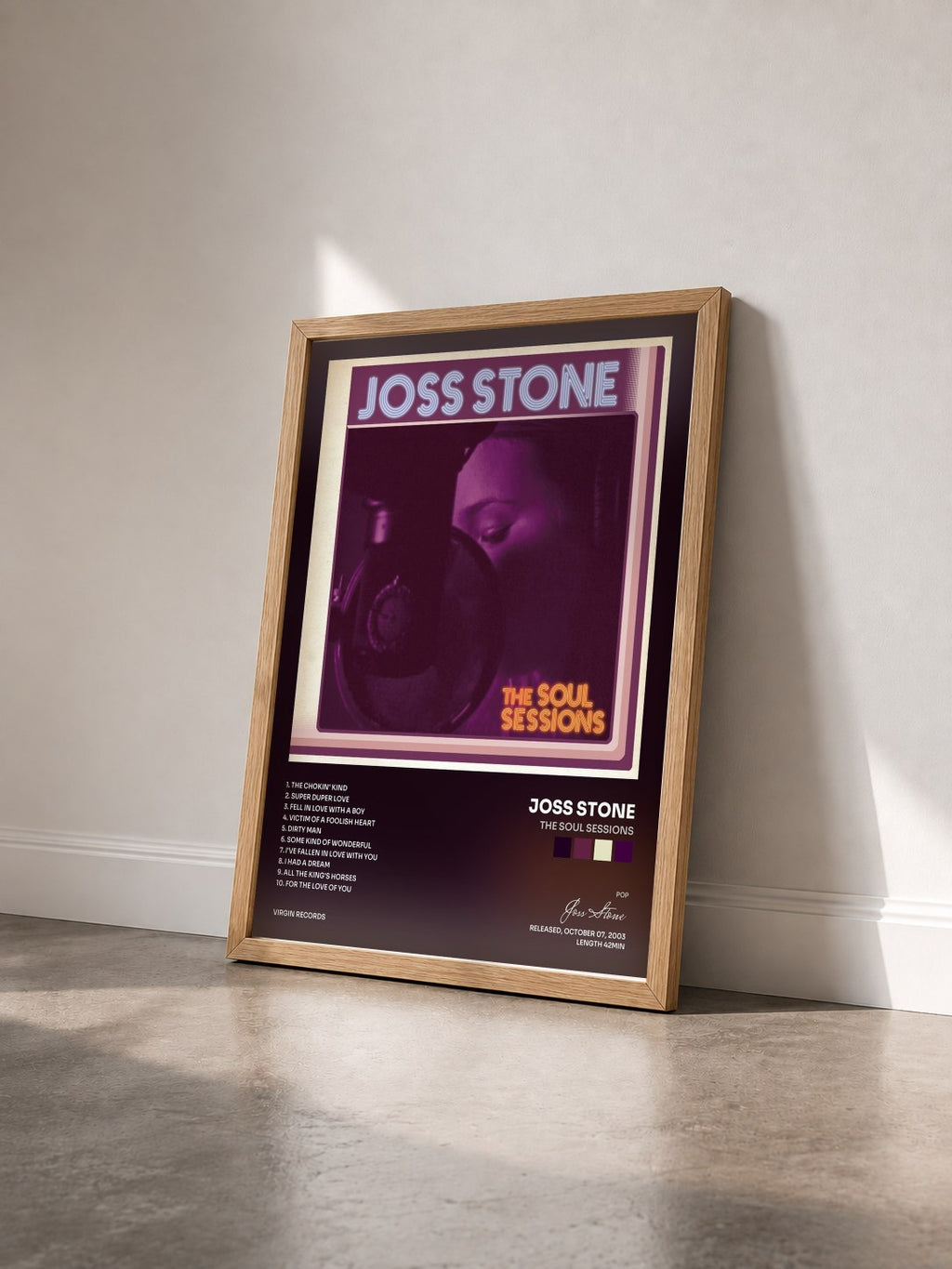 #bois Tableau de l'album The Soul Sessions de Joss Stone vu de trois quarts, cadre en bois brut