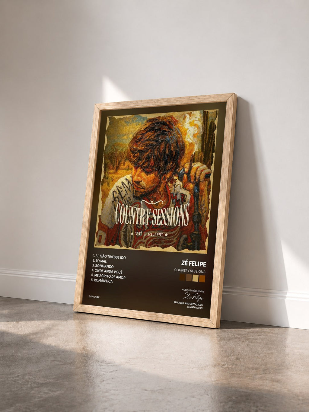 #bois Tableau de l'album Country Sessions de Zé Felipe vu de trois quarts, cadre en bois brut