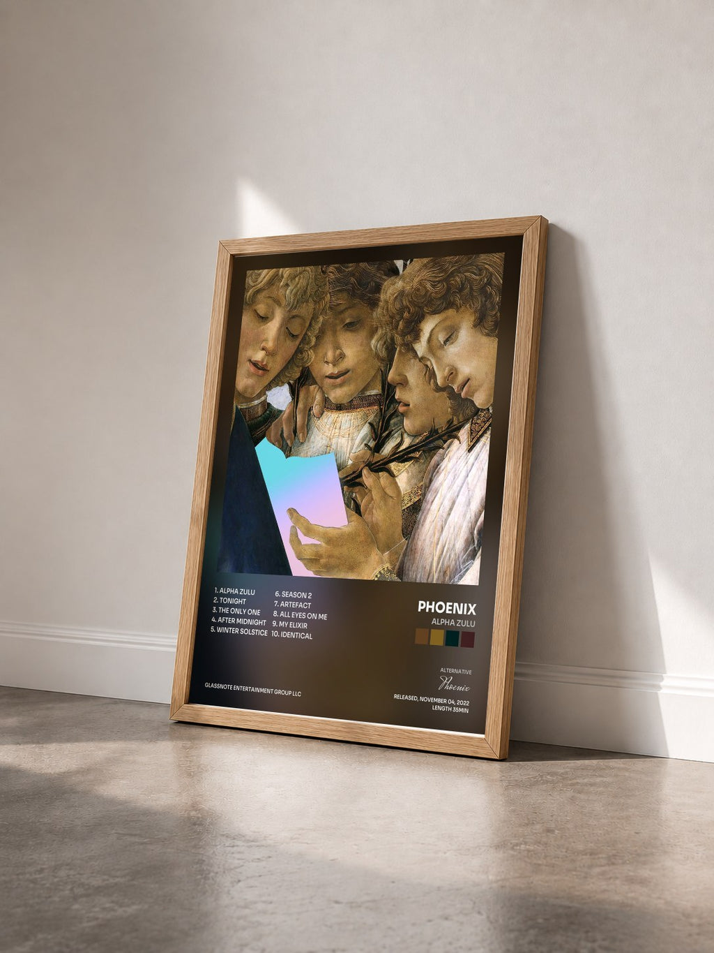 #bois Tableau de l'album Alpha Zulu de Phoenix vu de trois quarts, cadre en bois brut