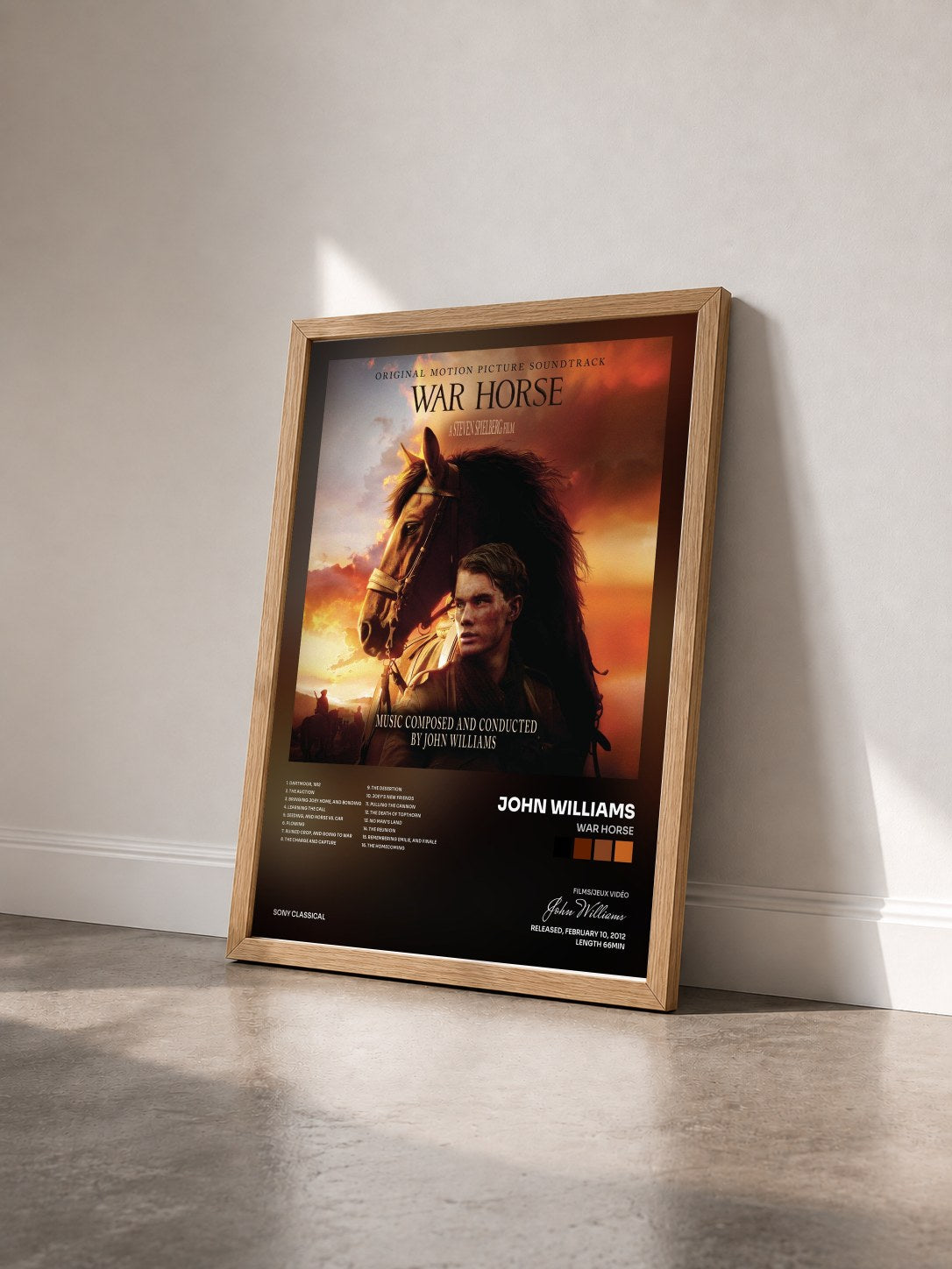 #bois Tableau de l'album War Horse de John Williams vu de trois quarts, cadre en bois brut