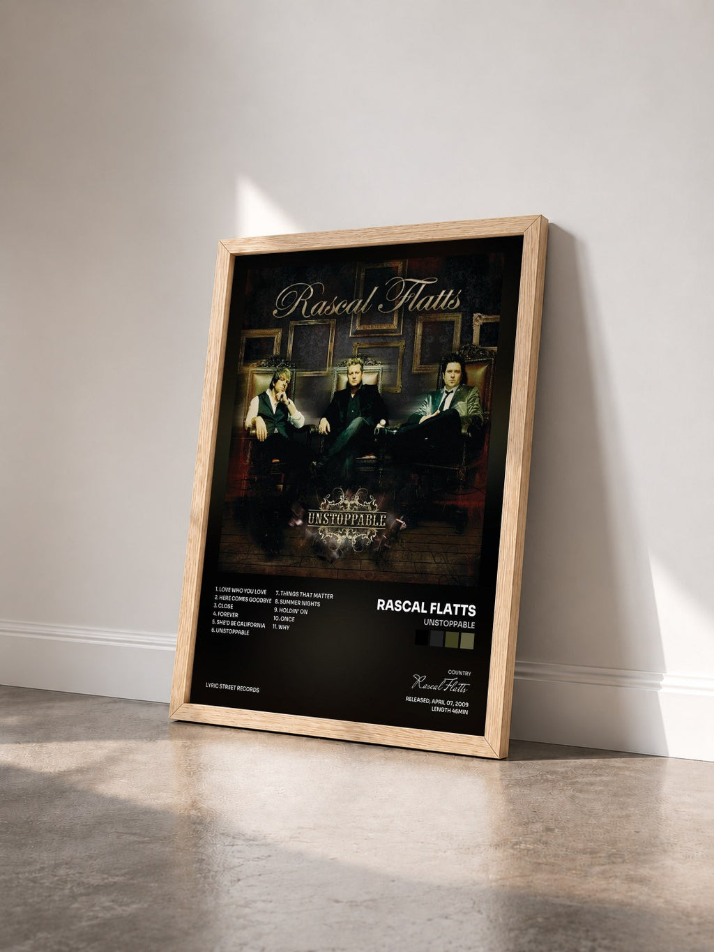 #bois Tableau de l'album Unstoppable de Rascal Flatts vu de trois quarts, cadre en bois brut