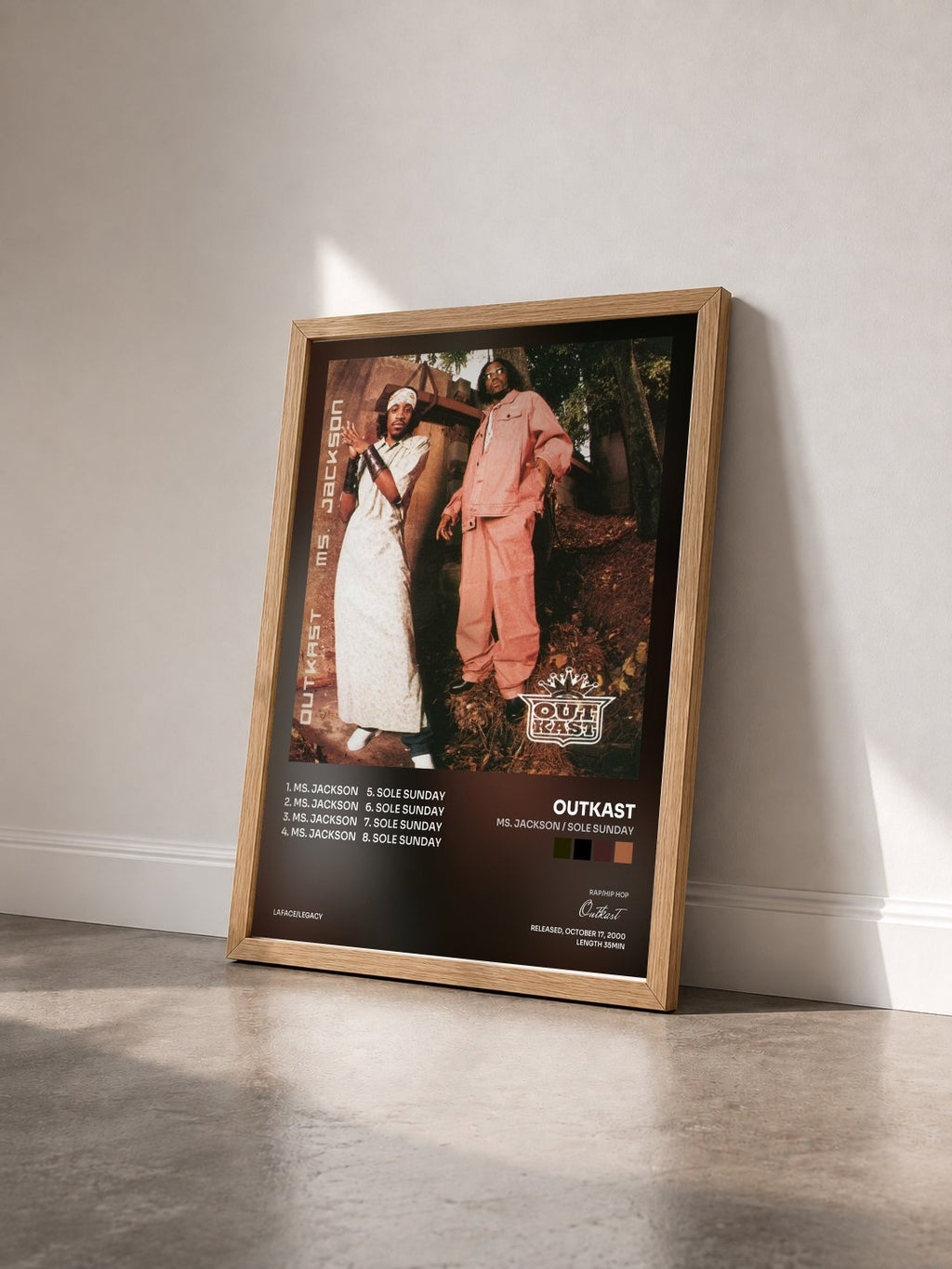 #bois Tableau de l'album Ms. Jackson / Sole Sunday de Outkast vu de trois quarts, cadre en bois brut