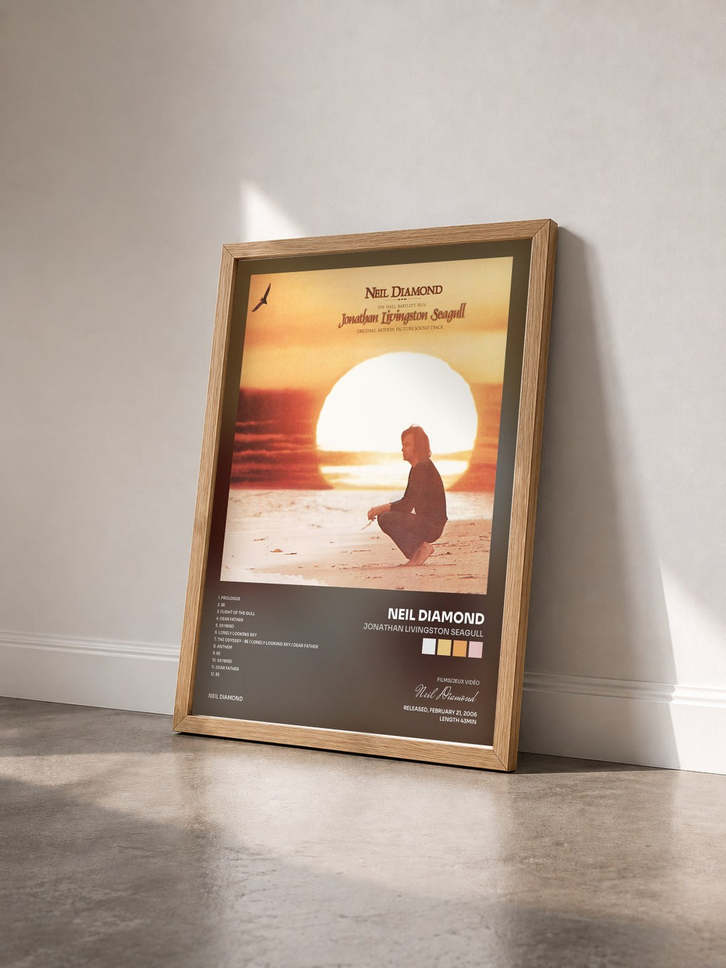 #bois Tableau de l'album Jonathan Livingston Seagull de Neil Diamond vu de trois quarts, cadre en bois brut