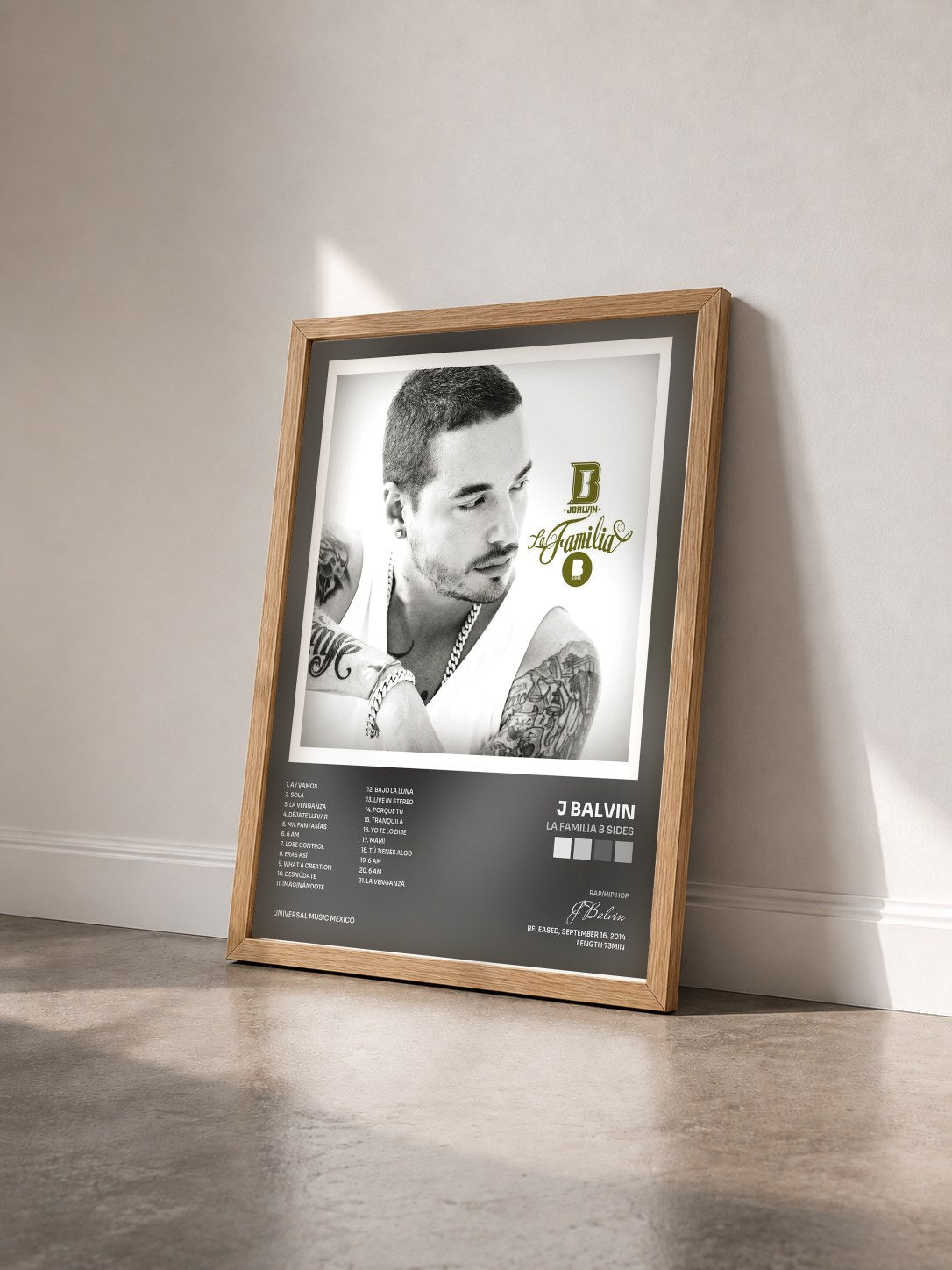 #bois Tableau de l'album La Familia B Sides de J Balvin vu de trois quarts, cadre en bois brut