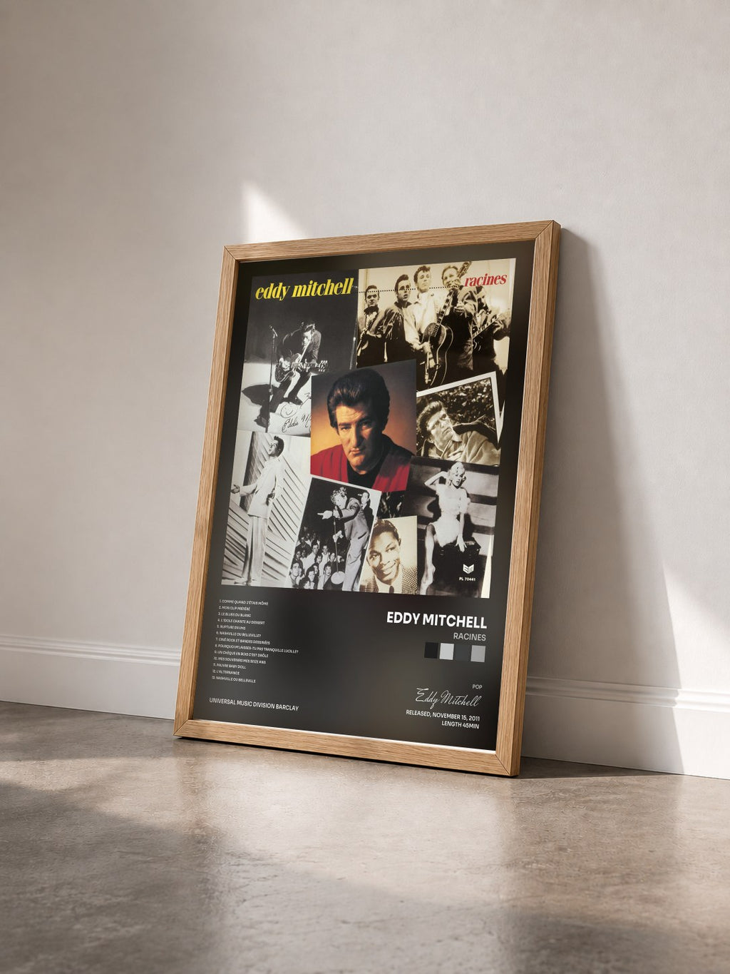 #bois Tableau de l'album Racines de Eddy Mitchell vu de trois quarts, cadre en bois brut