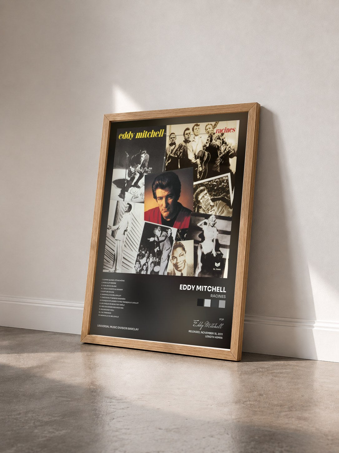 #bois Tableau de l'album Racines de Eddy Mitchell vu de trois quarts, cadre en bois brut