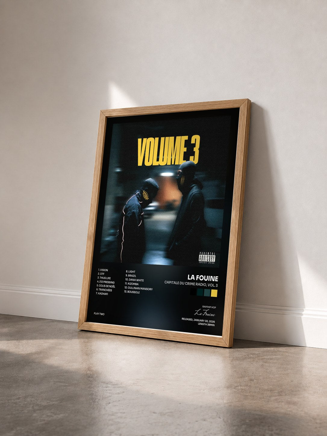 #bois Tableau de l'album CAPITALE DU CRIME RADIO, vol. 3 de La Fouine vu de trois quarts, cadre en bois brut