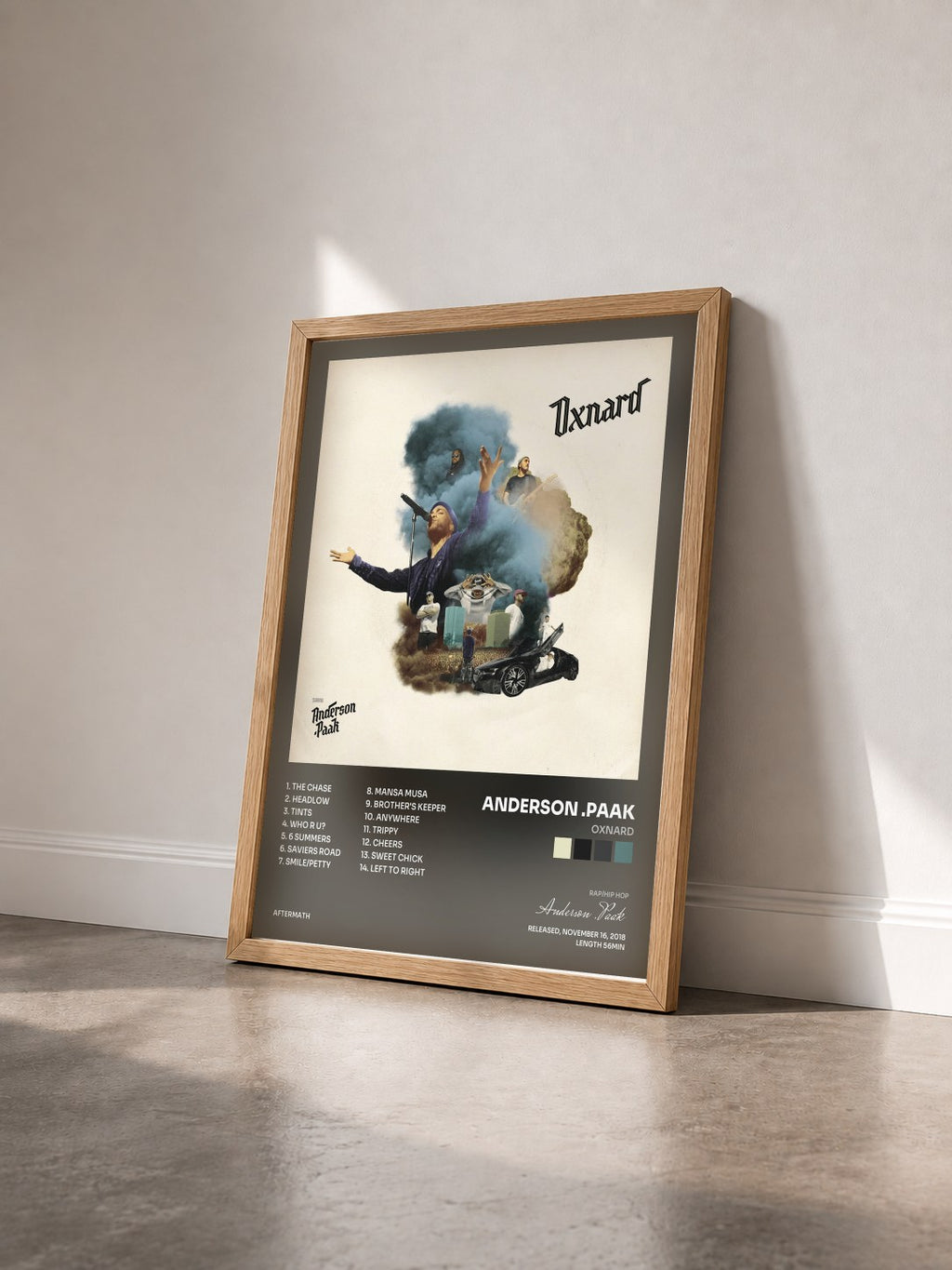 #bois Tableau de l'album Oxnard de Anderson .Paak vu de trois quarts, cadre en bois brut