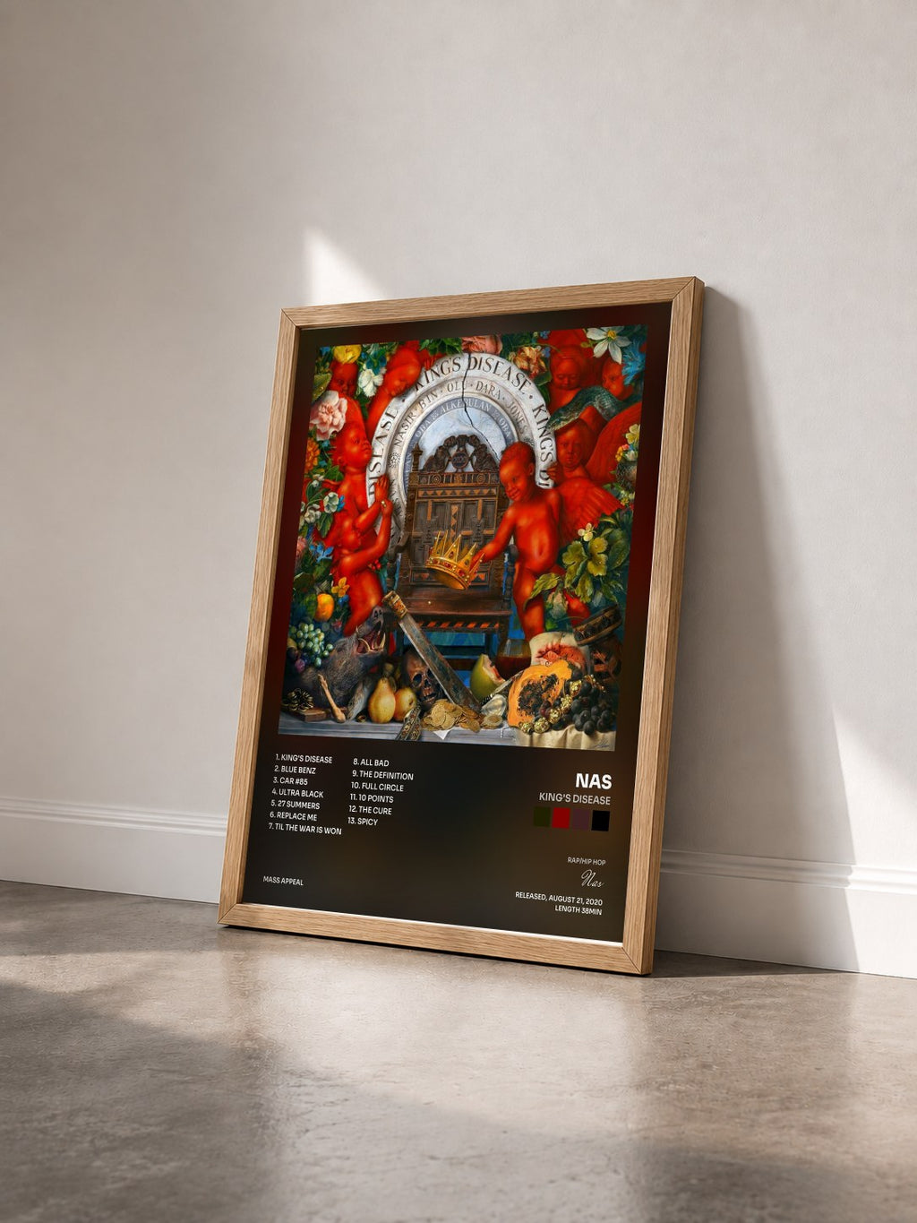 #bois Tableau de l'album King's Disease de Nas vu de trois quarts, cadre en bois brut