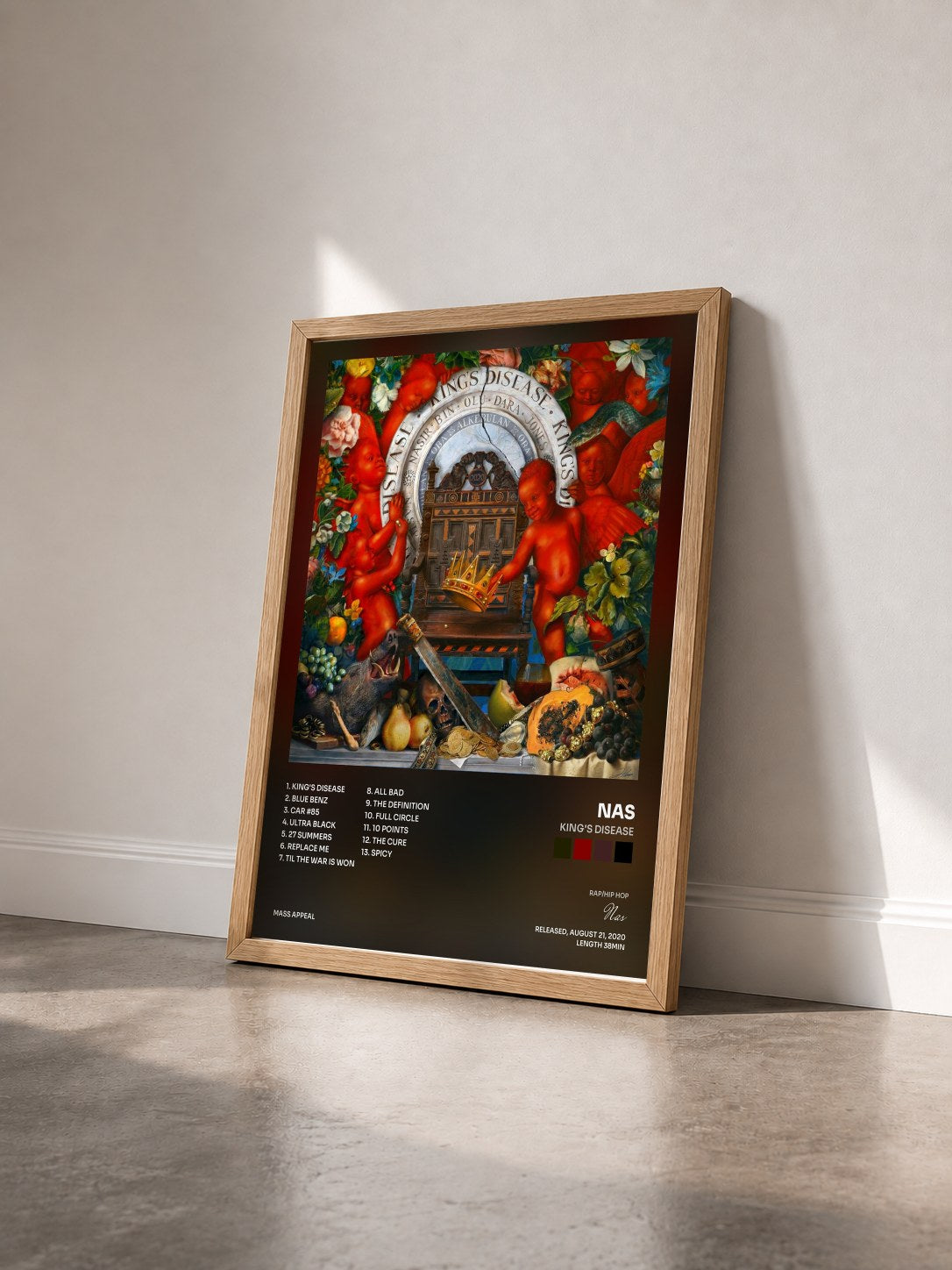 #bois Tableau de l'album King's Disease de Nas vu de trois quarts, cadre en bois brut