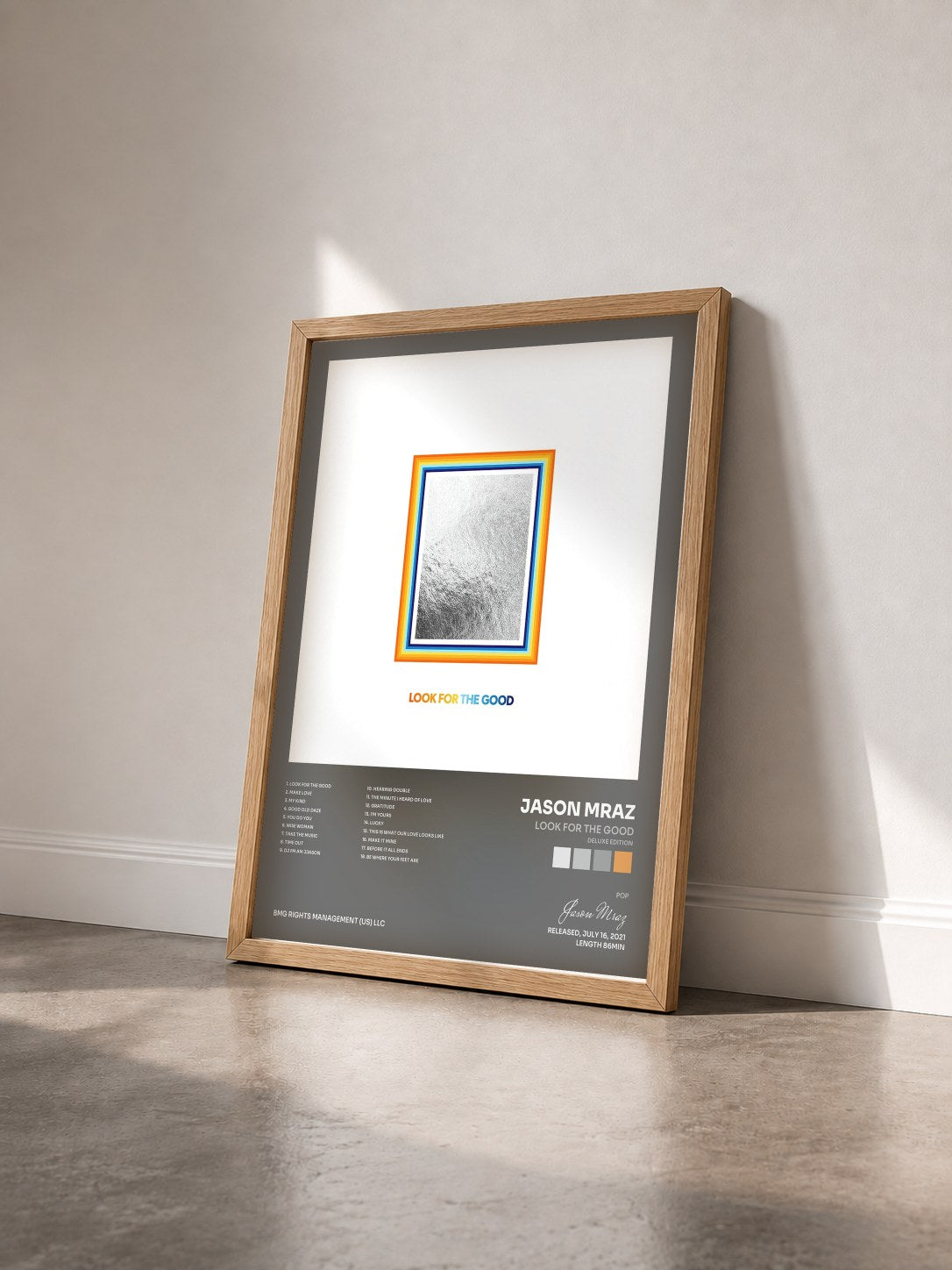 #bois Tableau de l'album Look For The Good (Deluxe Edition) de Jason Mraz vu de trois quarts, cadre en bois brut