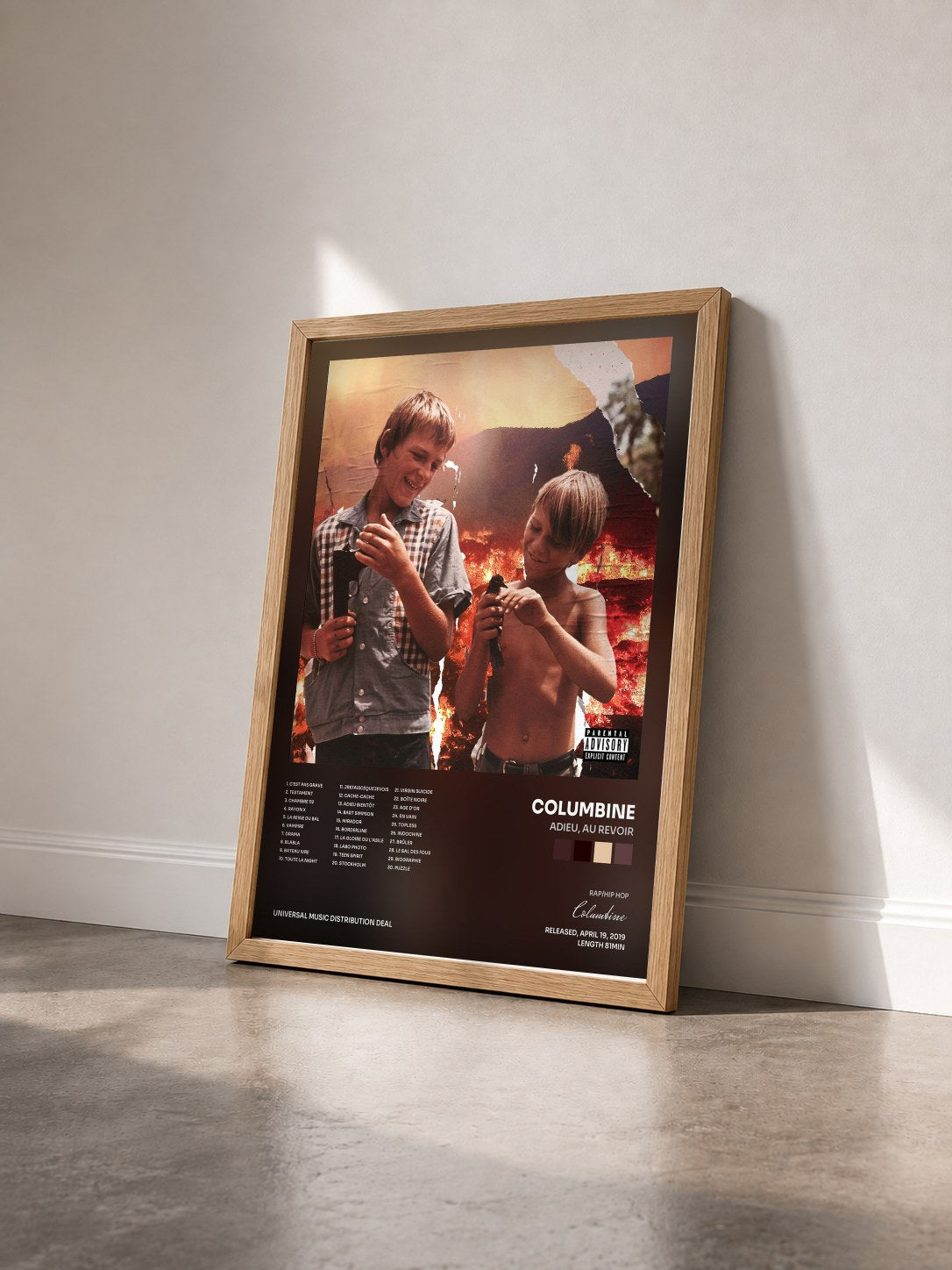 #bois Tableau de l'album Adieu, au revoir de Columbine vu de trois quarts, cadre en bois brut