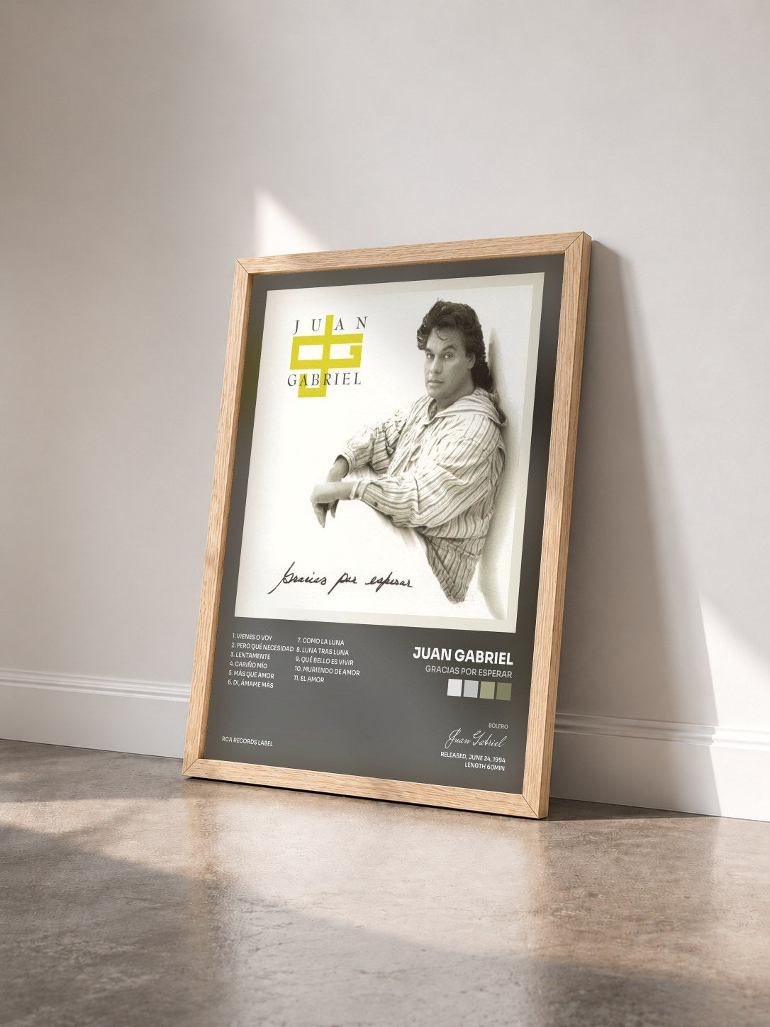 #bois Tableau de l'album Gracias por Esperar de Juan Gabriel vu de trois quarts, cadre en bois brut