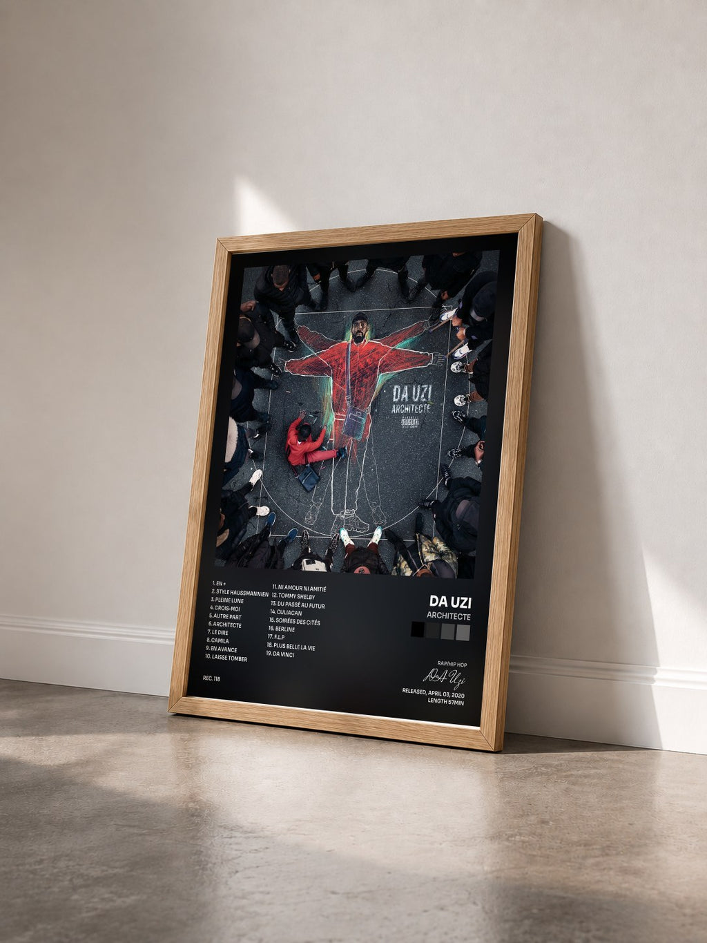 #bois Tableau de l'album Architecte de DA Uzi vu de trois quarts, cadre en bois brut