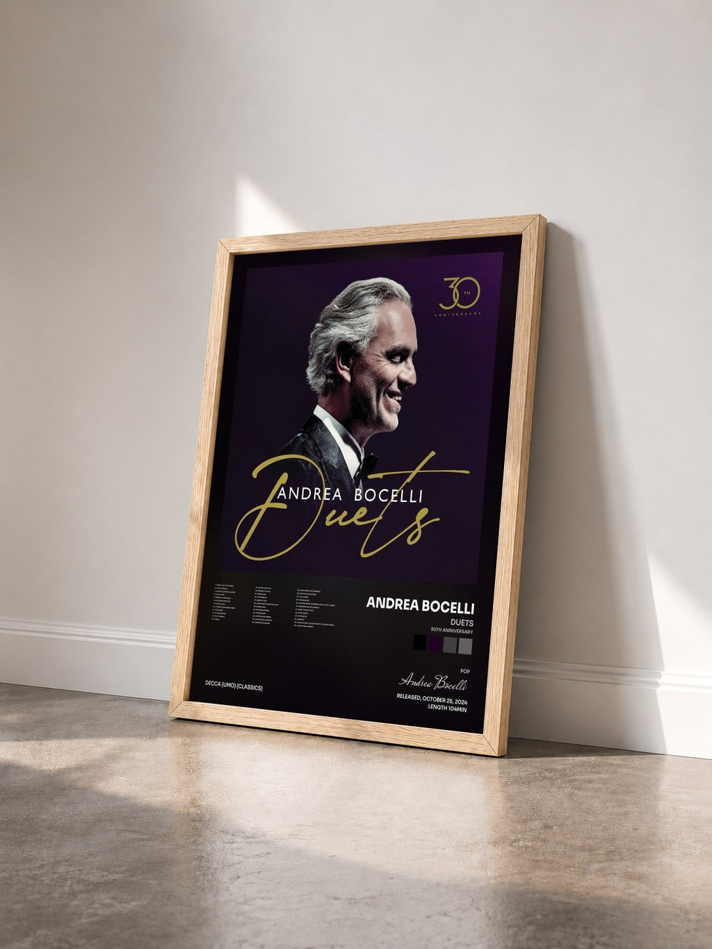 #bois Tableau de l'album Duets (30th Anniversary) de Andrea Bocelli vu de trois quarts, cadre en bois brut