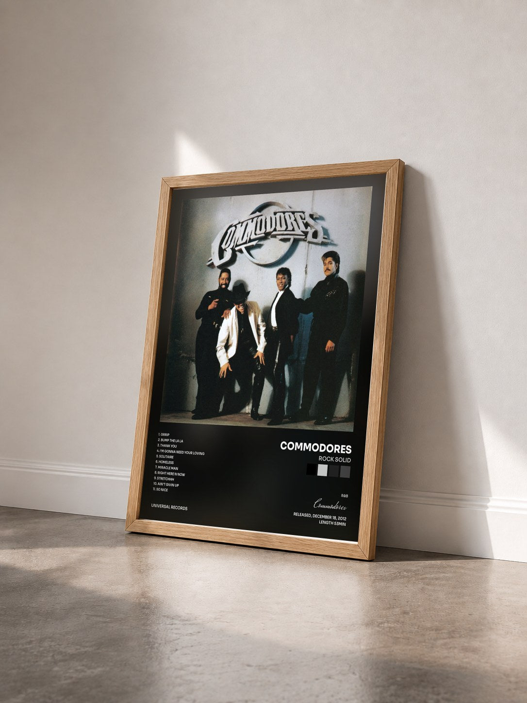 #bois Tableau de l'album Rock Solid de Commodores vu de trois quarts, cadre en bois brut