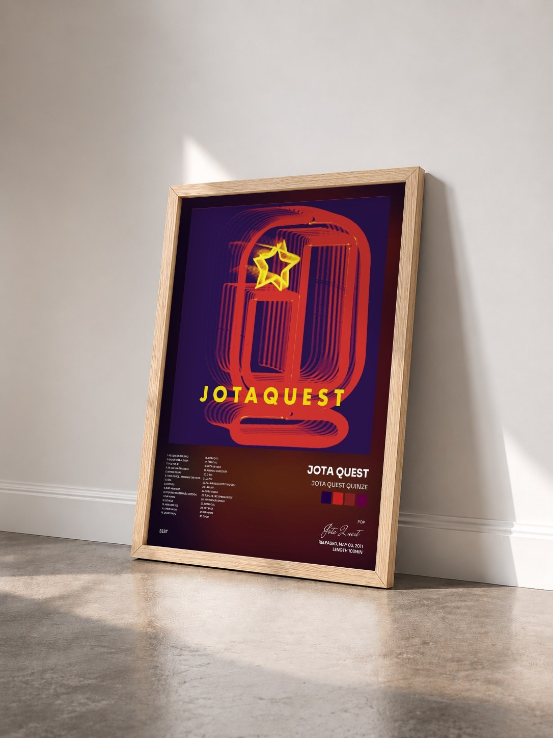 #bois Tableau de l'album Jota Quest Quinze de Jota Quest vu de trois quarts, cadre en bois brut