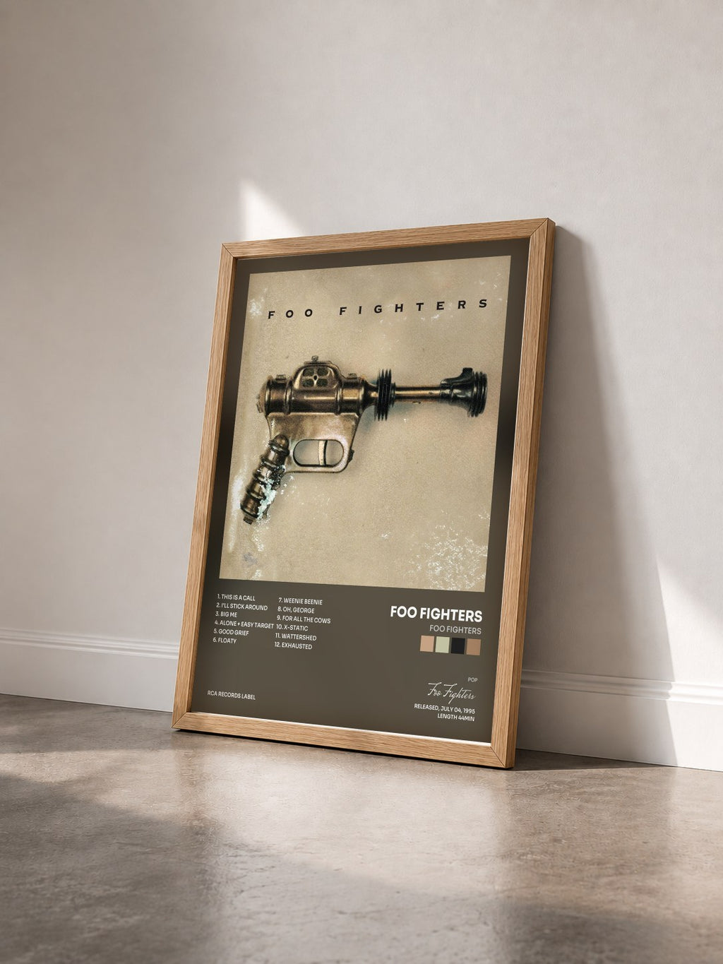 #bois Tableau de l'album Foo Fighters de Foo Fighters vu de trois quarts, cadre en bois brut