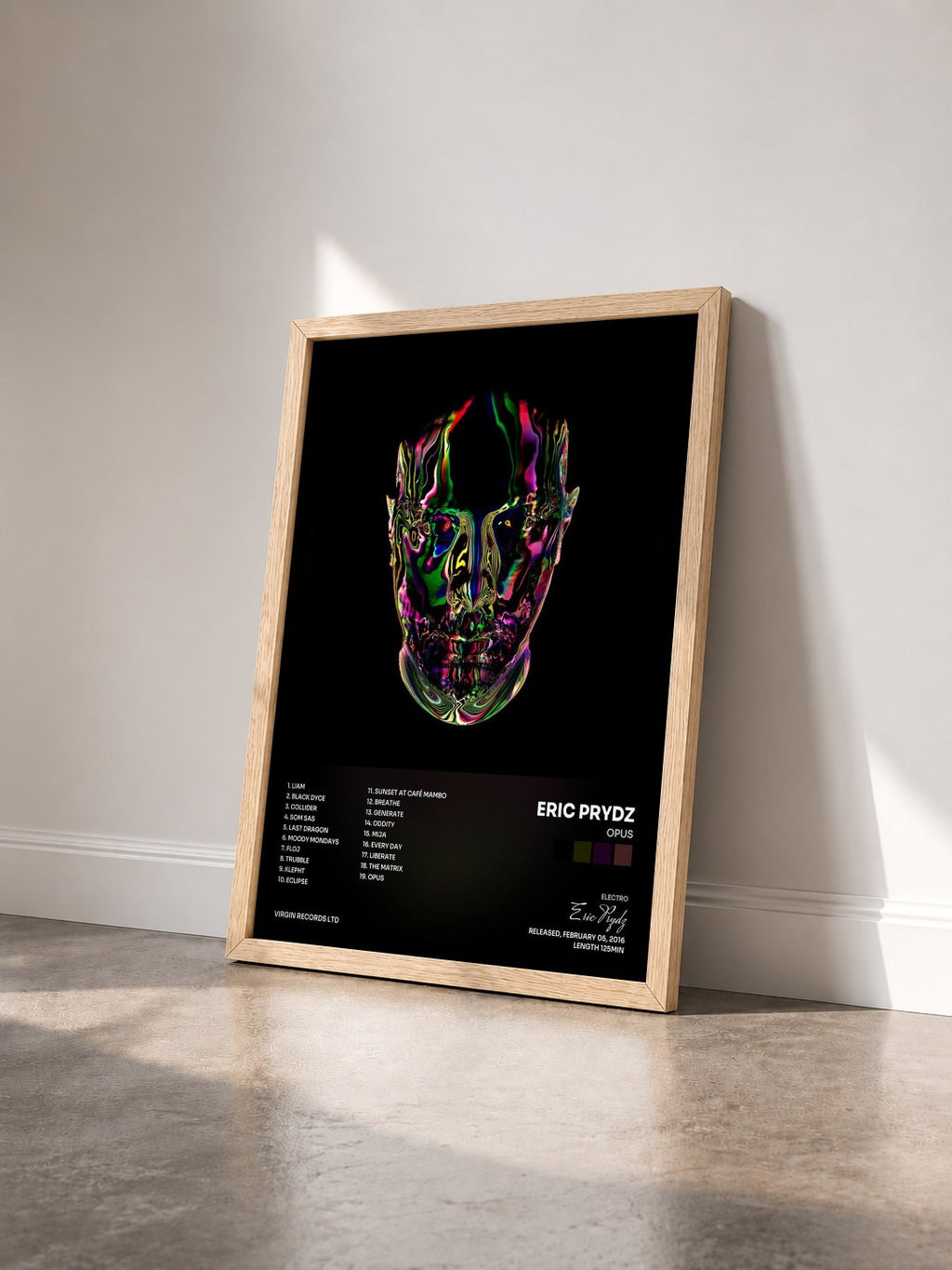 #bois Tableau de l'album Opus de Eric Prydz vu de trois quarts, cadre en bois brut