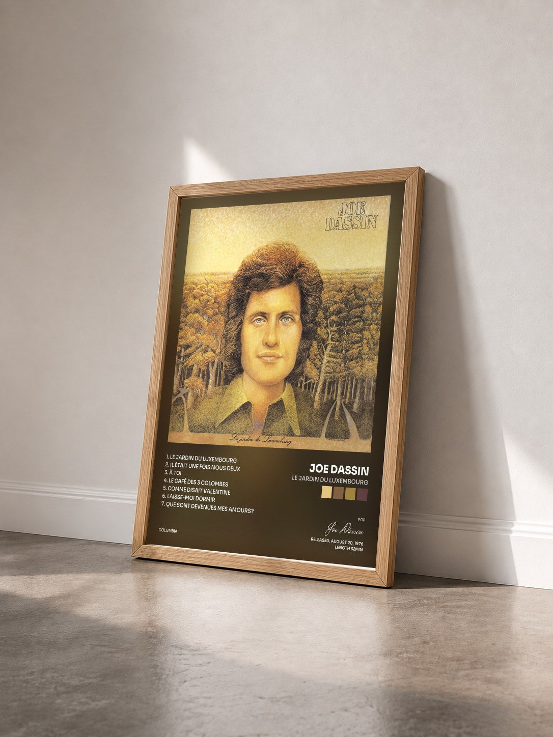 #bois Tableau de l'album Le Jardin Du Luxembourg de Joe Dassin vu de trois quarts, cadre en bois brut