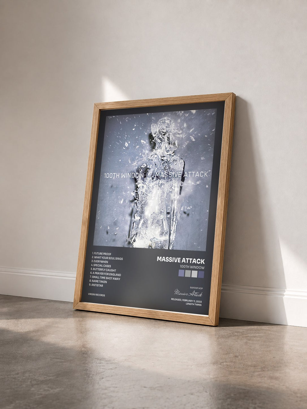 #bois Tableau de l'album 100th Window de Massive Attack vu de trois quarts, cadre en bois brut