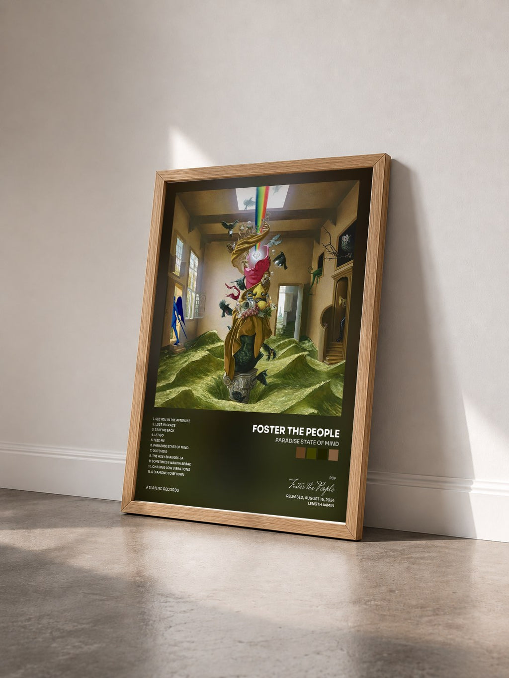 #bois Tableau de l'album Paradise State of Mind de Foster the People vu de trois quarts, cadre en bois brut