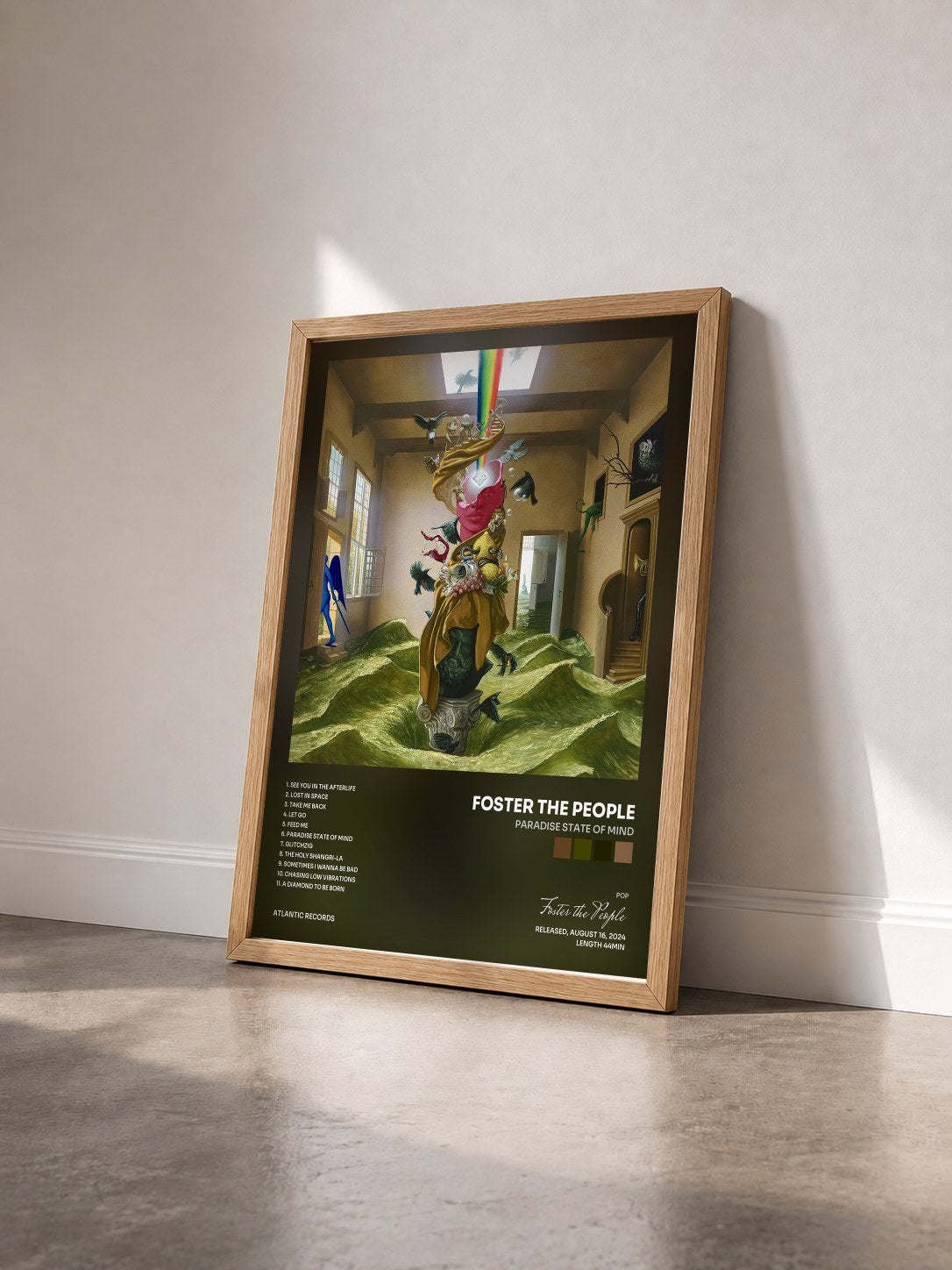 #bois Tableau de l'album Paradise State of Mind de Foster the People vu de trois quarts, cadre en bois brut