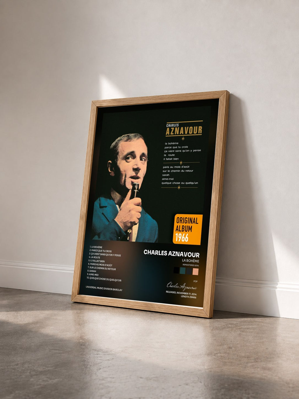 #bois Tableau de l'album La Bohème (Remastered 2014) de Charles Aznavour vu de trois quarts, cadre en bois brut