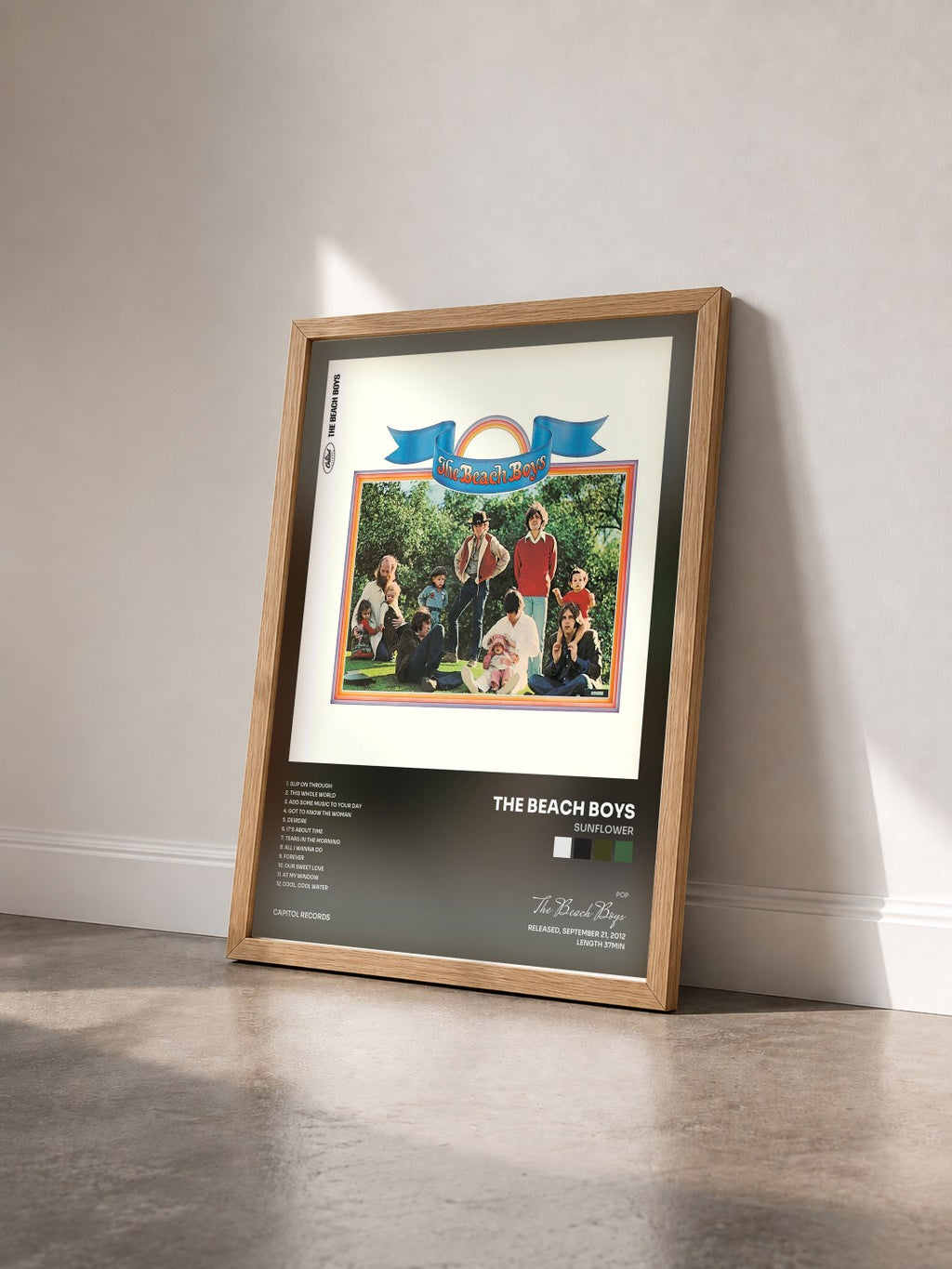 #bois Tableau de l'album Sunflower de The Beach Boys vu de trois quarts, cadre en bois brut