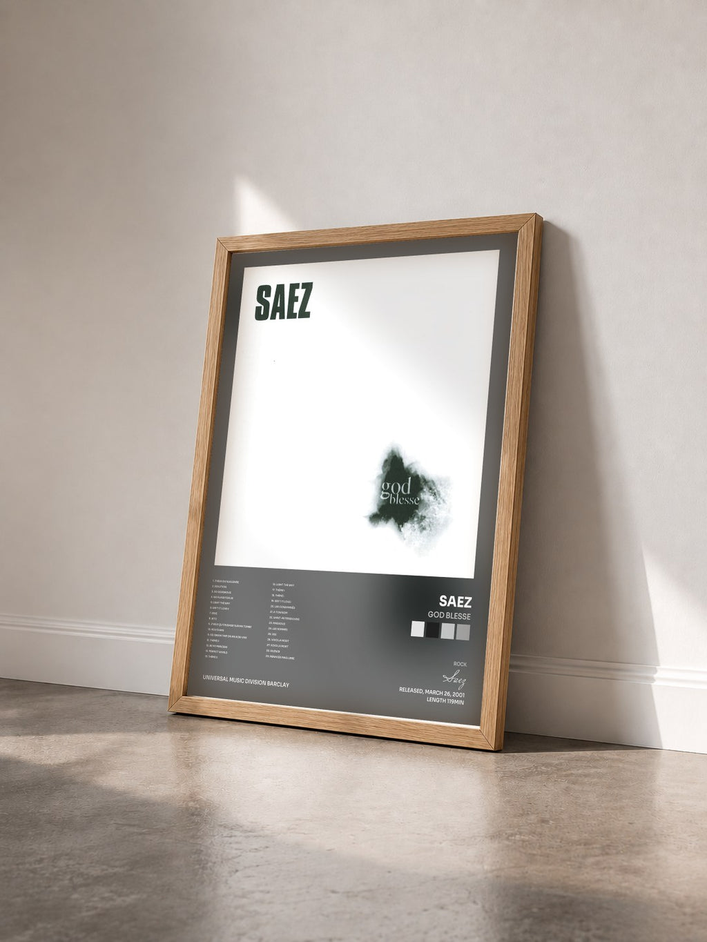 #bois Tableau de l'album God Blesse de Saez vu de trois quarts, cadre en bois brut