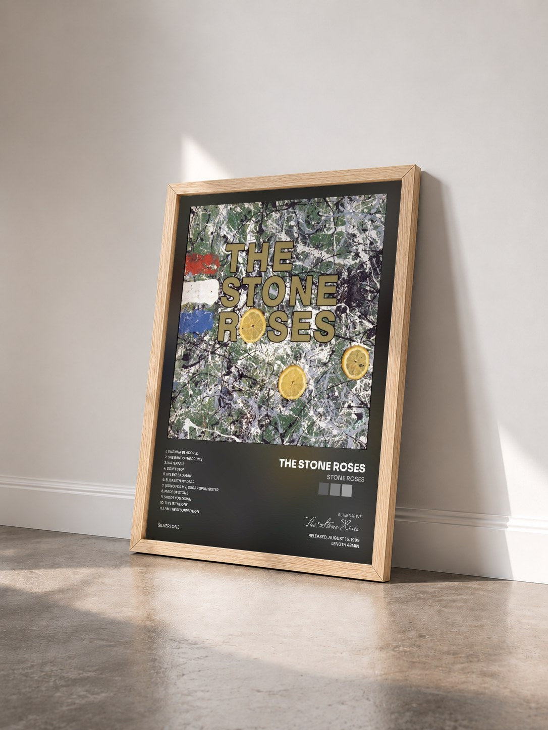 #bois Tableau de l'album Stone Roses de The Stone Roses vu de trois quarts, cadre en bois brut