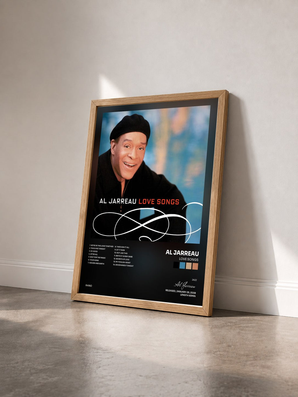 #bois Tableau de l'album Love Songs de Al Jarreau vu de trois quarts, cadre en bois brut