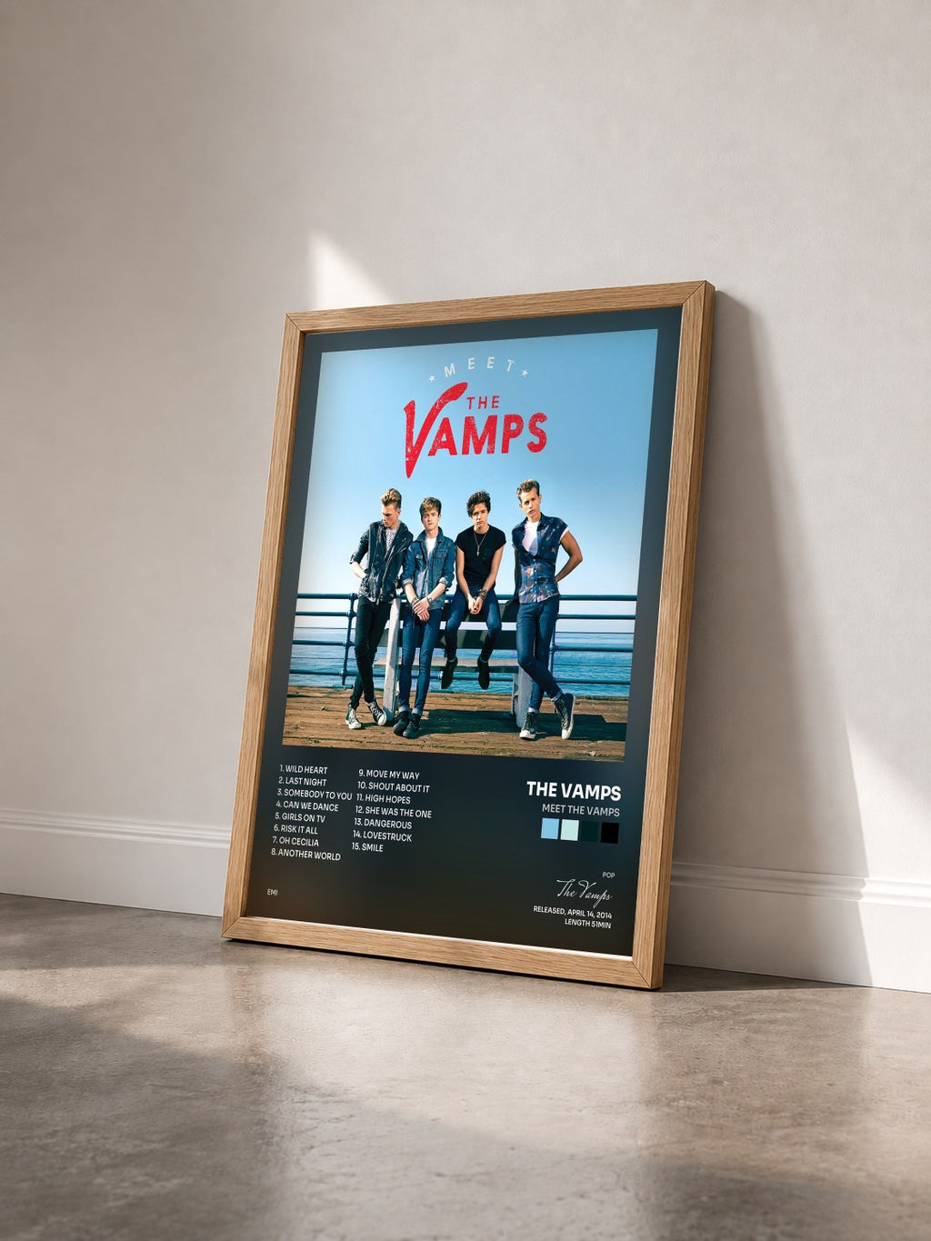 #bois Tableau de l'album Meet The Vamps de The Vamps vu de trois quarts, cadre en bois brut