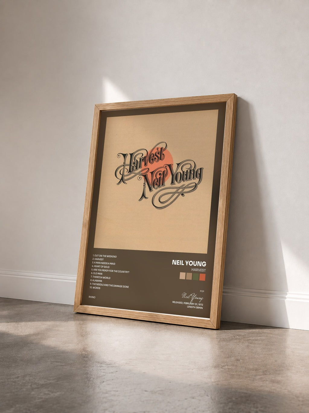 #bois Tableau de l'album Harvest de Neil Young vu de trois quarts, cadre en bois brut