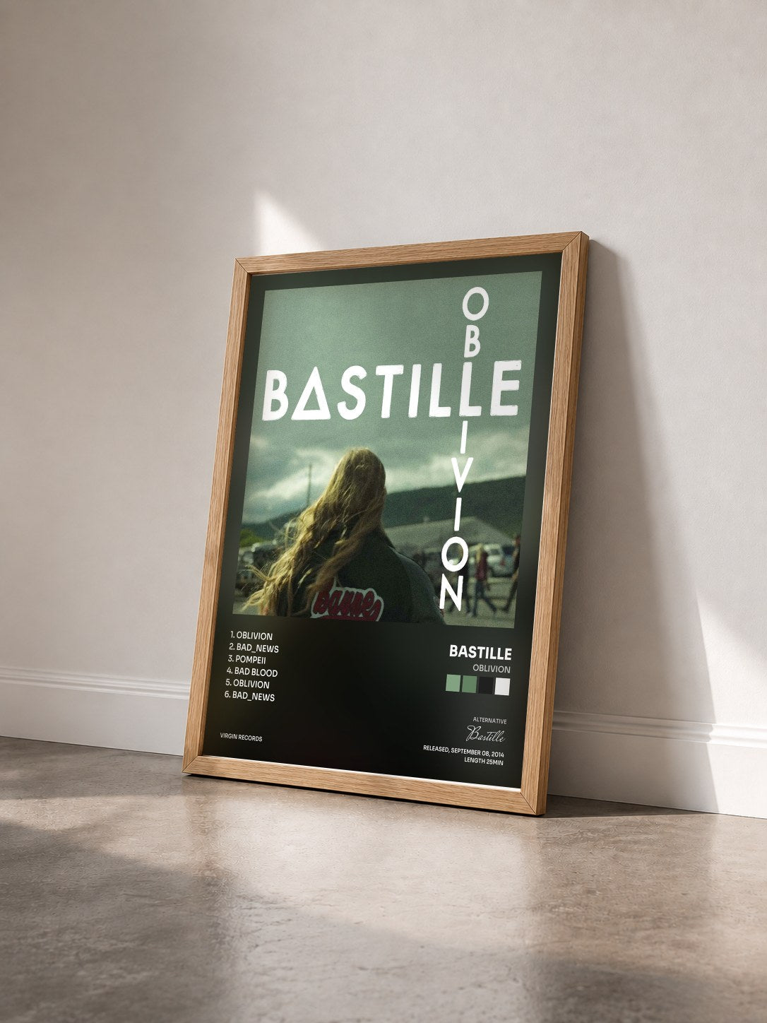 #bois Tableau de l'album Oblivion de Bastille vu de trois quarts, cadre en bois brut