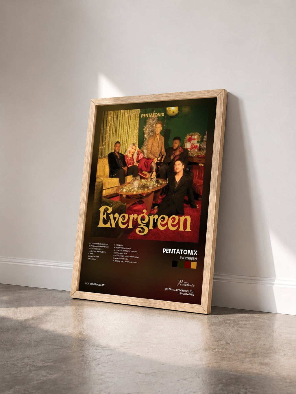 #bois Tableau de l'album Evergreen de Pentatonix vu de trois quarts, cadre en bois brut