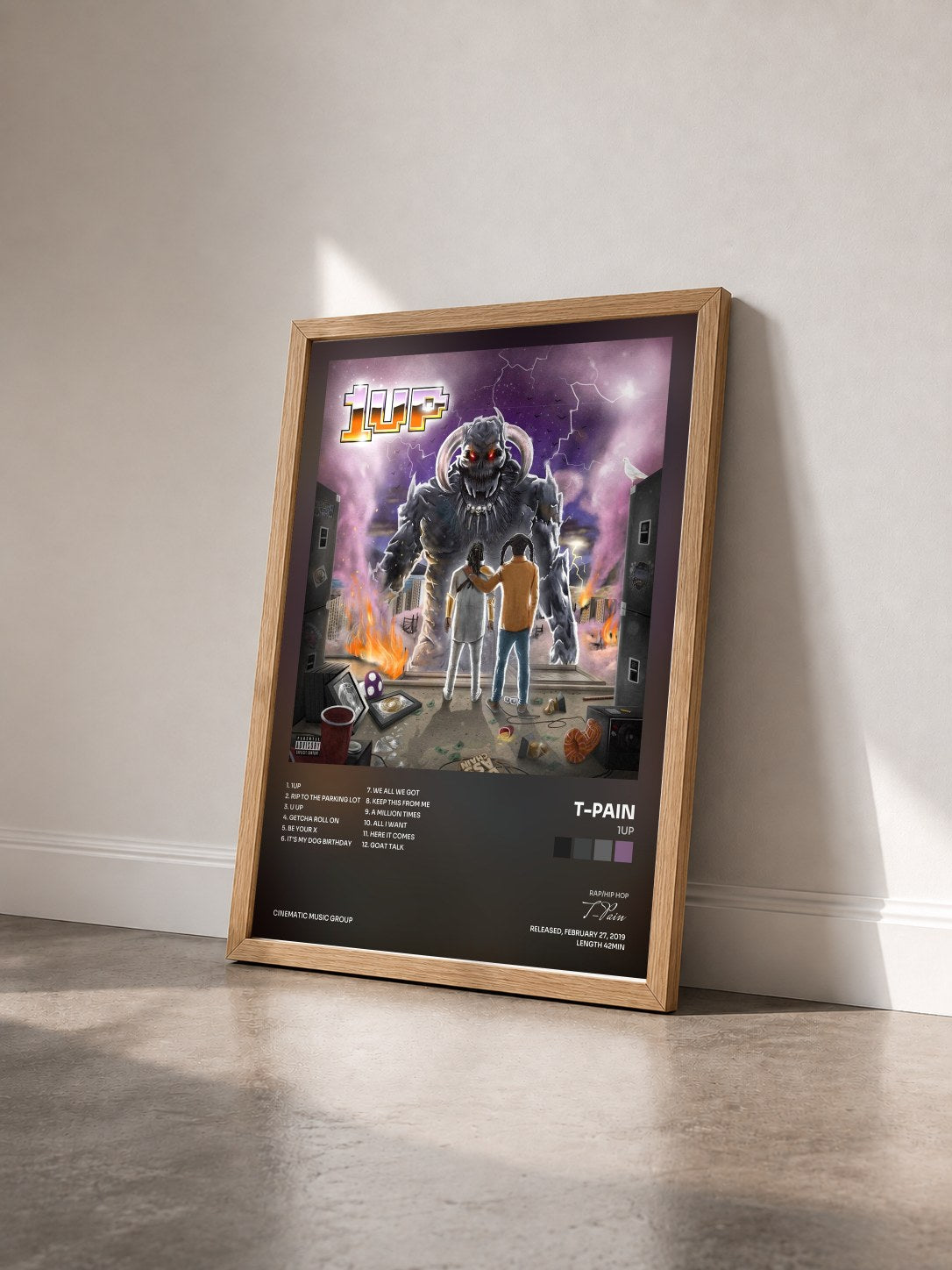 #bois Tableau de l'album 1UP de T-Pain vu de trois quarts, cadre en bois brut