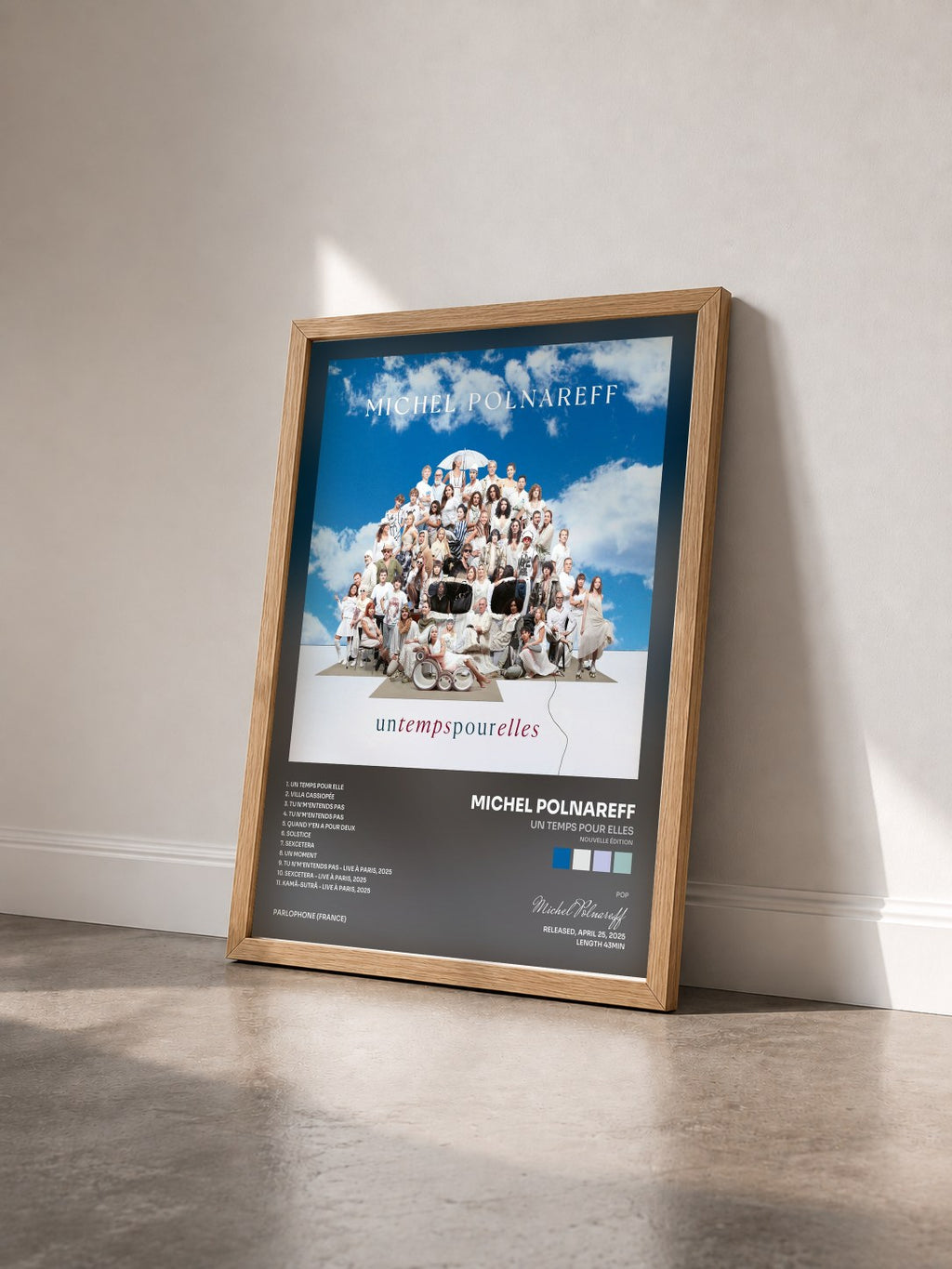 #bois Tableau de l'album Un temps pour elles (Nouvelle Édition) de Michel Polnareff vu de trois quarts, cadre en bois brut