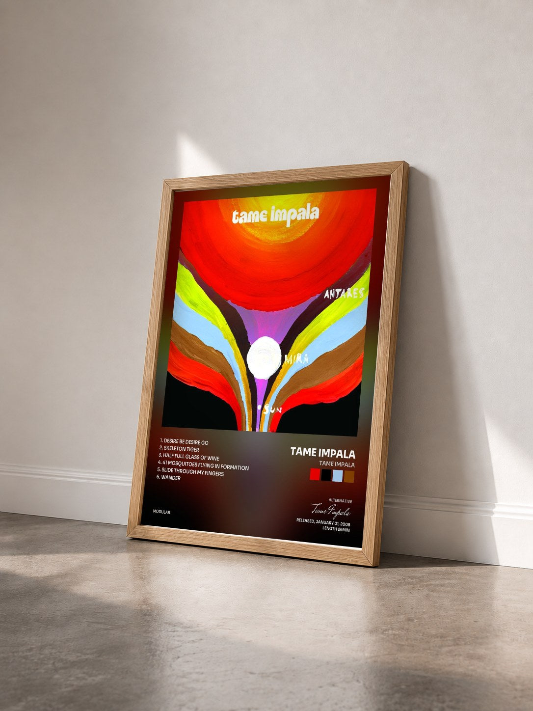 #bois Tableau de l'album Tame Impala de Tame Impala vu de trois quarts, cadre en bois brut